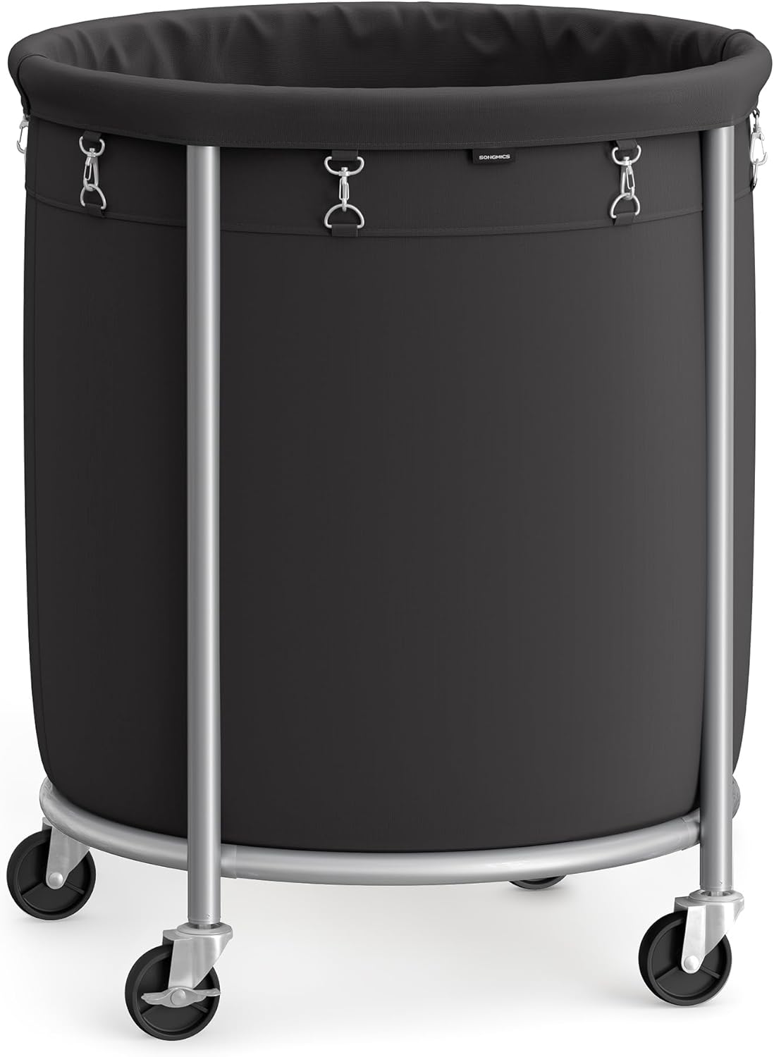 SONGMICS 50.2-Gallon (190 L) Laundry Basket with Wheels, Rolling Round Heavy-Duty Laundry Hamper Cart with Steel Frame and Removable Bag, 2 Locking Wheels, Ink Black and Metallic Silver URLS001B01