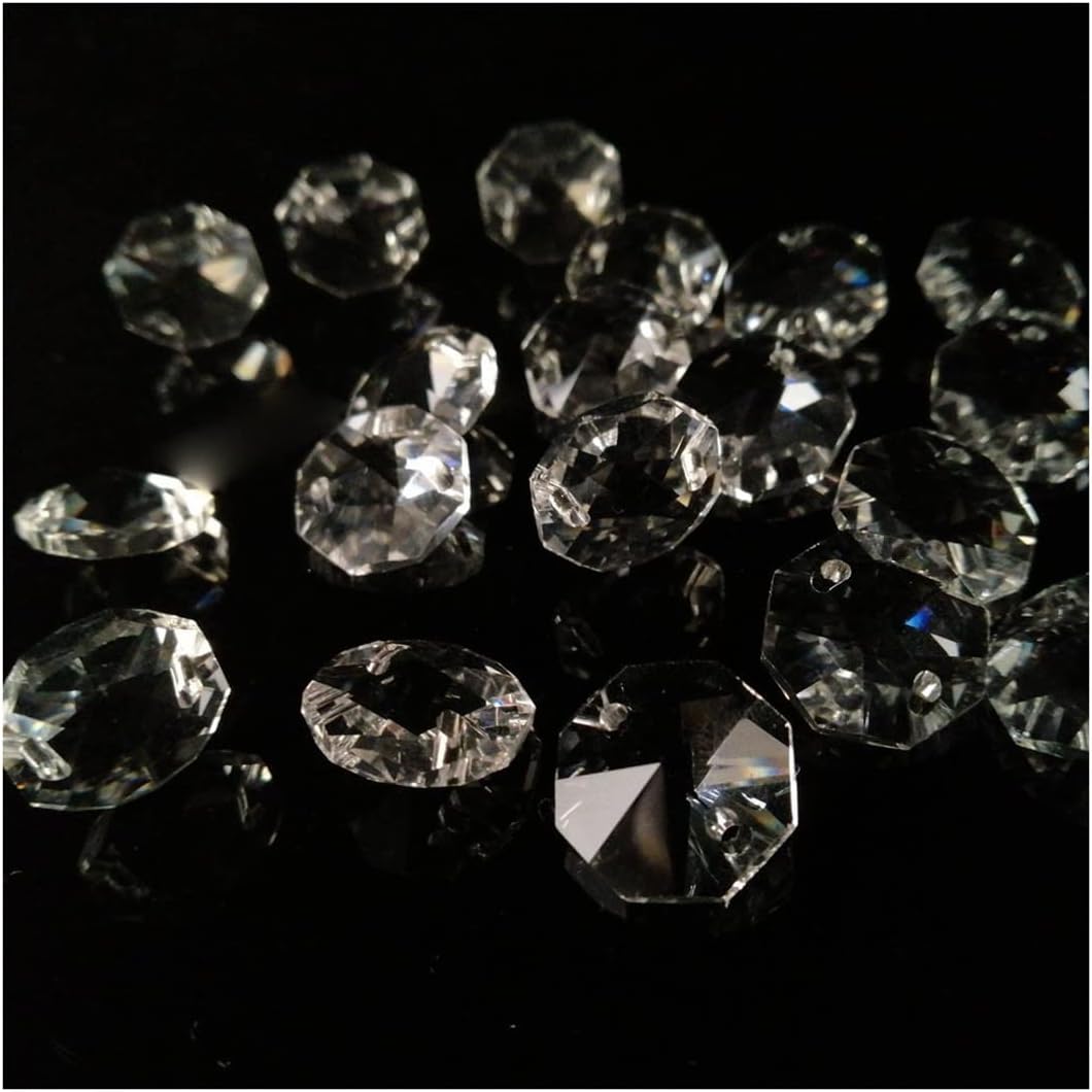 Hanging Crystals Prisms 180PCS 14mm 2 Holes Clear Octagonal Loose Beads Crystal Chandelier Faceted Prisms Ornaments Parts Hangings Crystals for Decoration