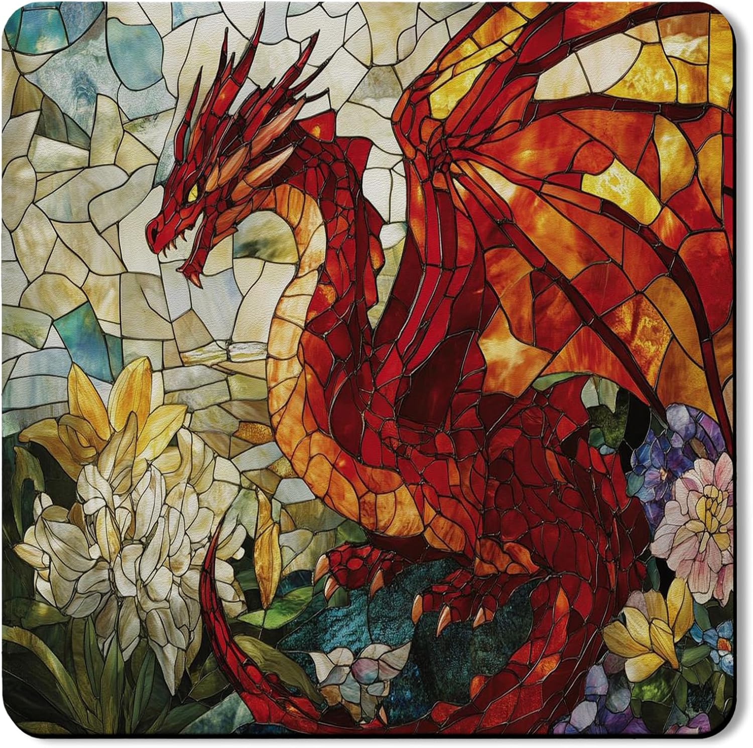 Stained Glass Dragon Washer Dryer Top Protector Mat, Red Fantasy Artwork Laundry Machine Dust Cover, Rubber Anti-slip Waterproof Mats for Home Decor 24x24 Inch