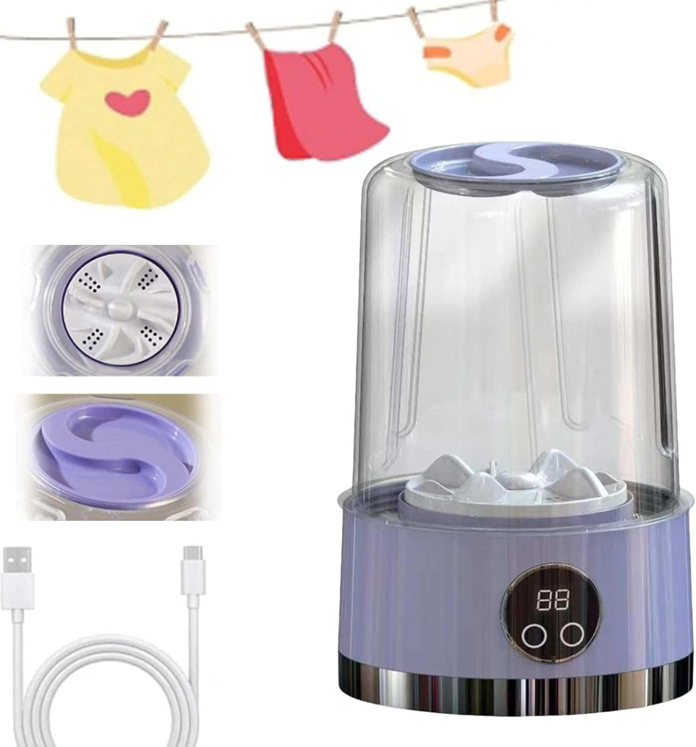 Underwear Washer, 2025 Upgraded Mini Washing Machine, Wireless Portable Laundry Cup, Portable Washing Cup, Underwear Washer, Smart Laundry Cups For Bra Socks & Baby Clothes (Purple)