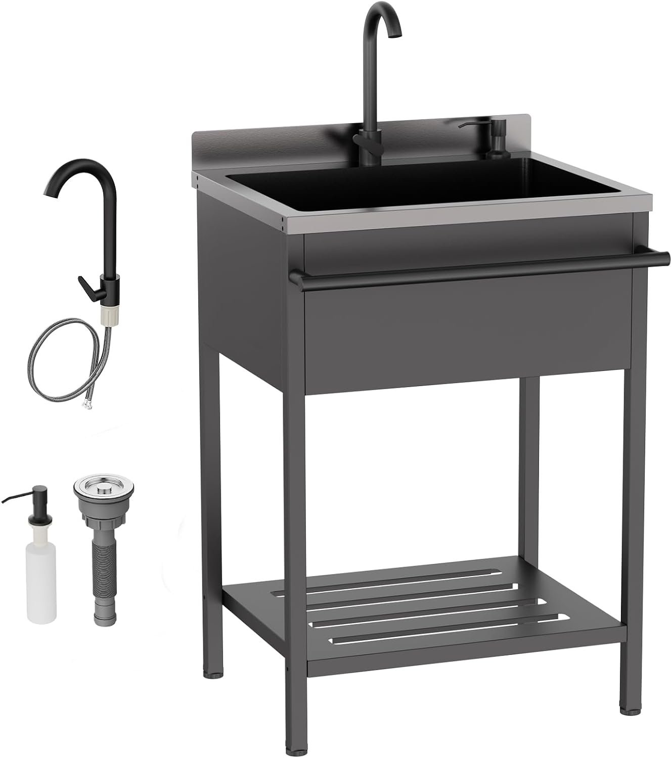 ROVSUN Black Electroplated Stainless Steel Utility Sink with Towel Rack and Storage Shelf, 20.7