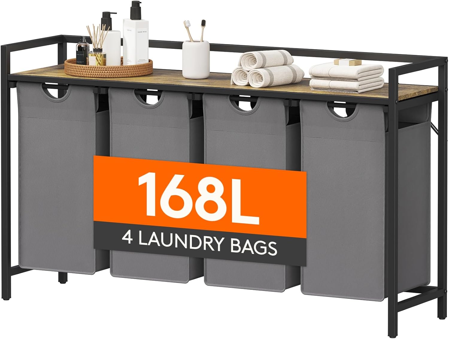 Lifewit Laundry Hamper 4 Section, 168L Pull out Laundry Clothes Basket Organizer with Large Top Shelf and 4 Removable Bags and Handles, Laundry Sorter for Laundry Room Bedroom Bathroom, Gray