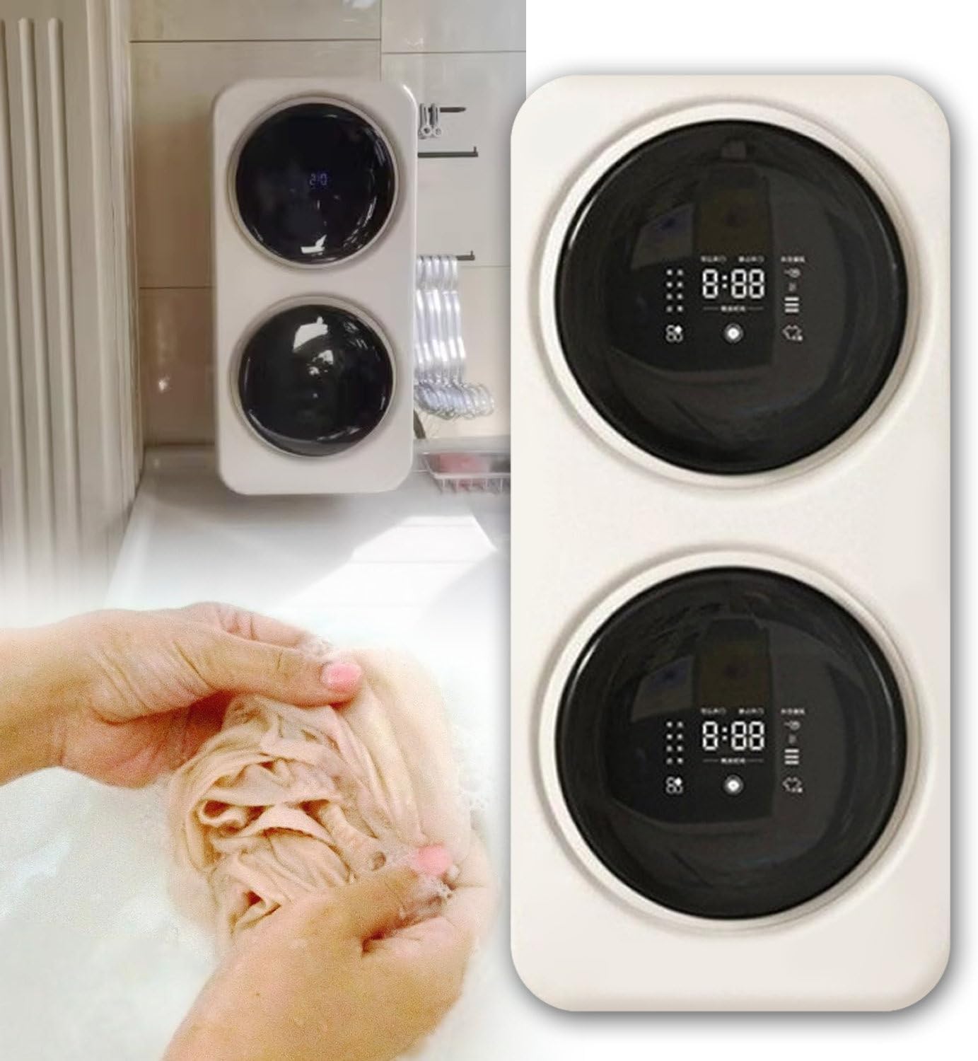 Portable Washing Machine, Wall-Mounted, 2×3.5L Compact Electric Washing Dryer Machine with Stainless Steel Tub, for Apartments, Dorm, RV