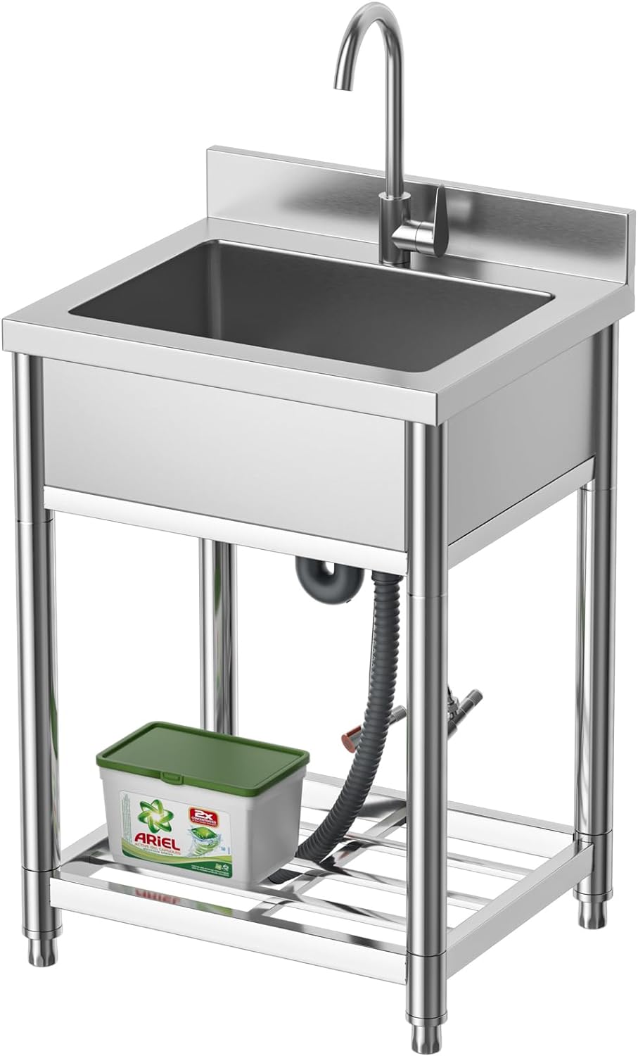 Stainless Steel Commercial Kitchen Sink, Free Standing, Single Bowl Sink Basin with Cold & Hot Water Faucet, Indoor and Outdoor Sink, 21.7 in