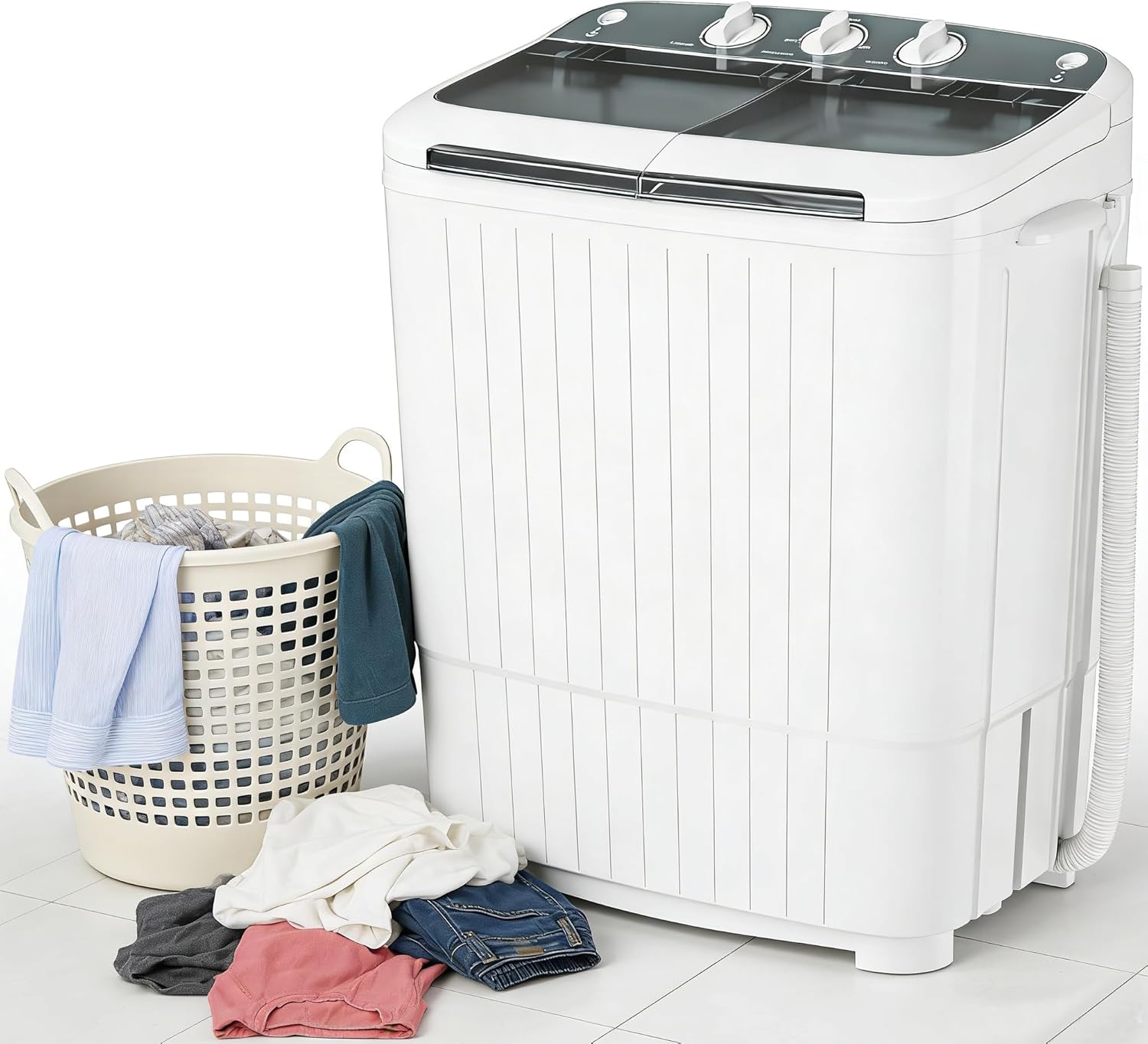 SUNCROWN Portable Washing Machine 16lbs, Compact Twin Tub Semi Automatic Washer, Energy-Saving Mini Laundry Combo with Extended Drain Hose & Pump for Apartments, RV, Dorms, White & Grey