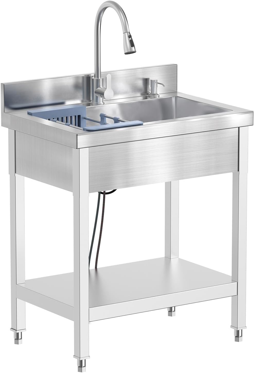 27inch Stainless Steel Utility Sink, Commercial Kitchen Single Bowl Sink with Cold and Hot Water Faucet,Hoses and Drain Kit,Complete Base Plate for Kitchens, Bathrooms, Garage, Laundry Room