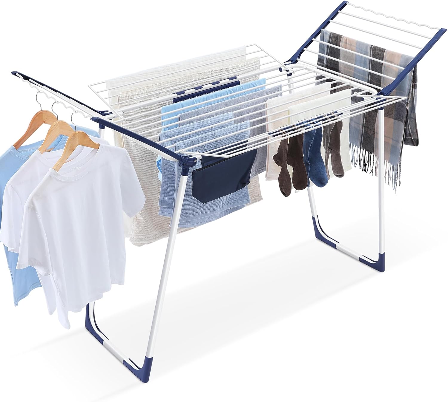 APEXCHASER Clothes Drying Rack Foldable - Drying Rack Clothing Large Space, Winged Laundry Rack with Sock Clips for Hanging Towels Clothes Dress Bedding Indoor Outdoor, White