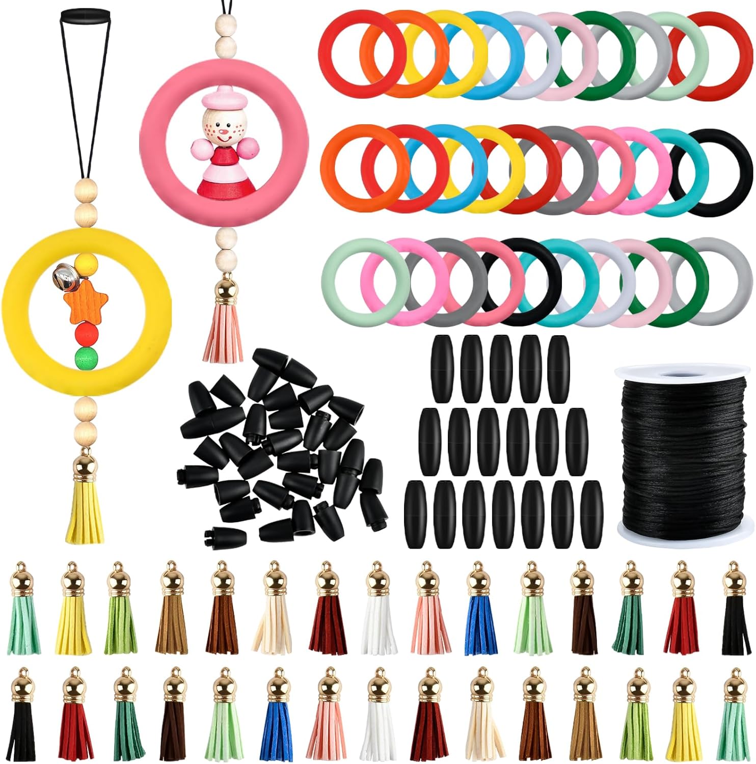 Boocalny 30 Sets Silicone Beadable Rings Making Kits, 65mm Round Silicone Bead Loop and Keychain, Tassels Bulk Leather Key Chain with Black Clasp, Silicone Pendant for DIY Bracelet Jewelry Necklace