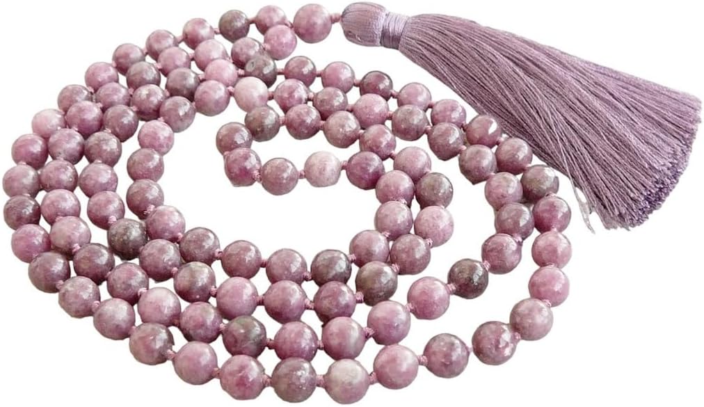 AAA Natural Lepidolite 108-Bead Mala – Hand-Knotted Prayer & Meditation Necklace with Tassel & 10mm Gemstone Beads