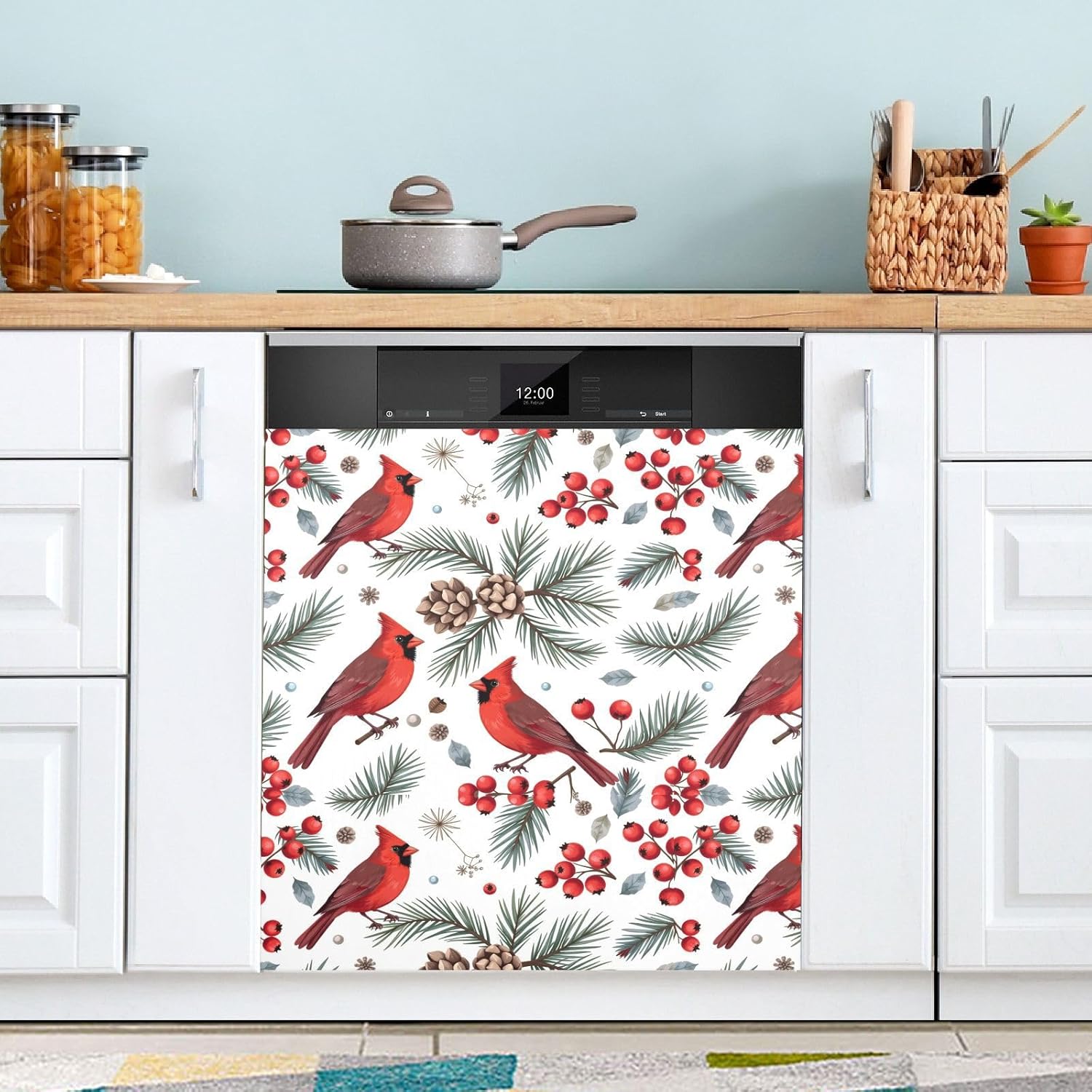 Pfrewn Christmas Winter Magnetic Dishwasher Cover Merry Christmas Cardinals Berry Fridge Door Covers Kitchen Decal Vinyl Panel Decorative Refrigerator Laundry Appliances 23x26in