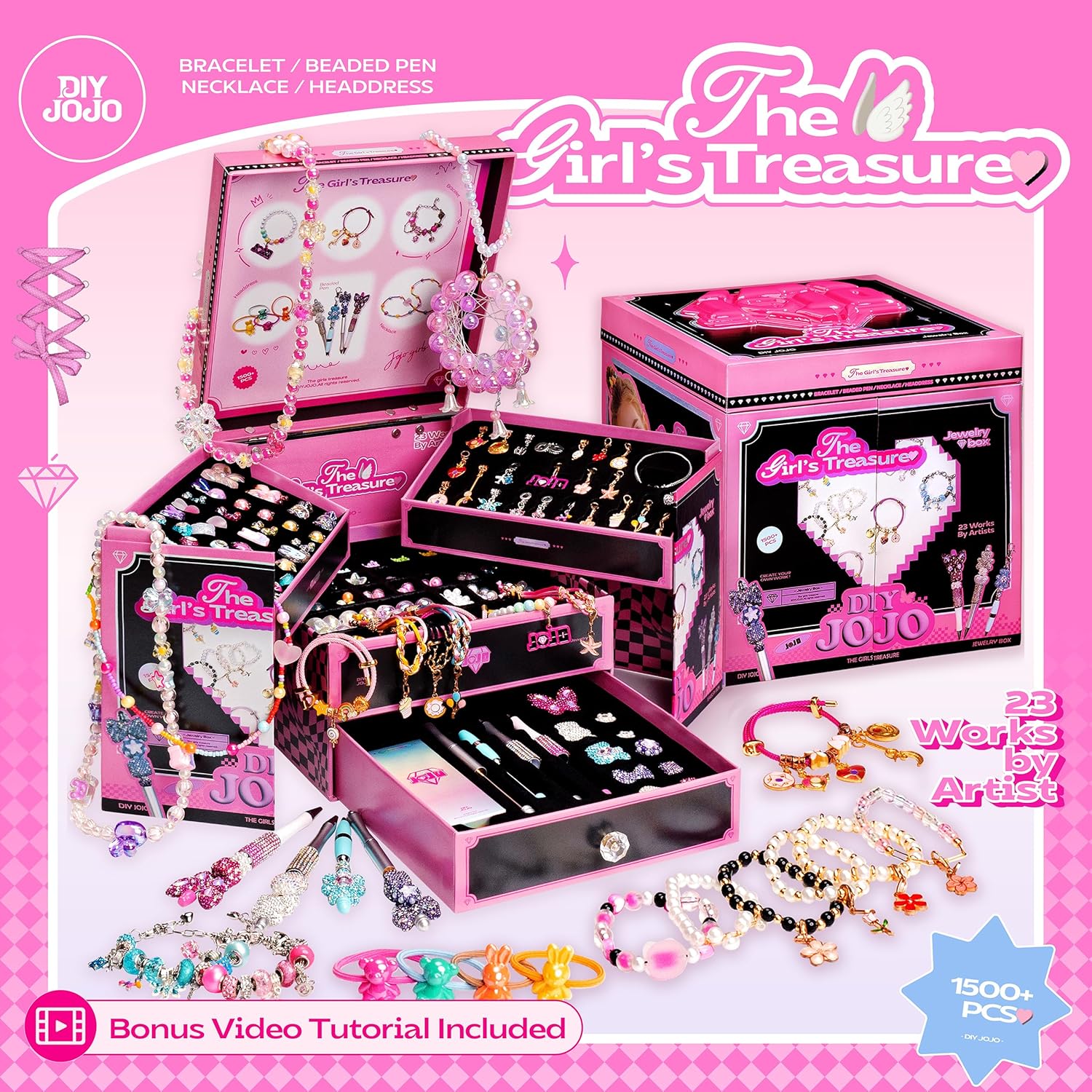 DIYJOJO Girls Treasure Gift Box, 1500pcs Jewelry Making Kits with Guided, 1 Dreamcatcher, 4 Beaded Pen, 15 Bracelet, 3 Necklace,4 Headdress, Christmas Birthday Gifts for 6-12 Year Old