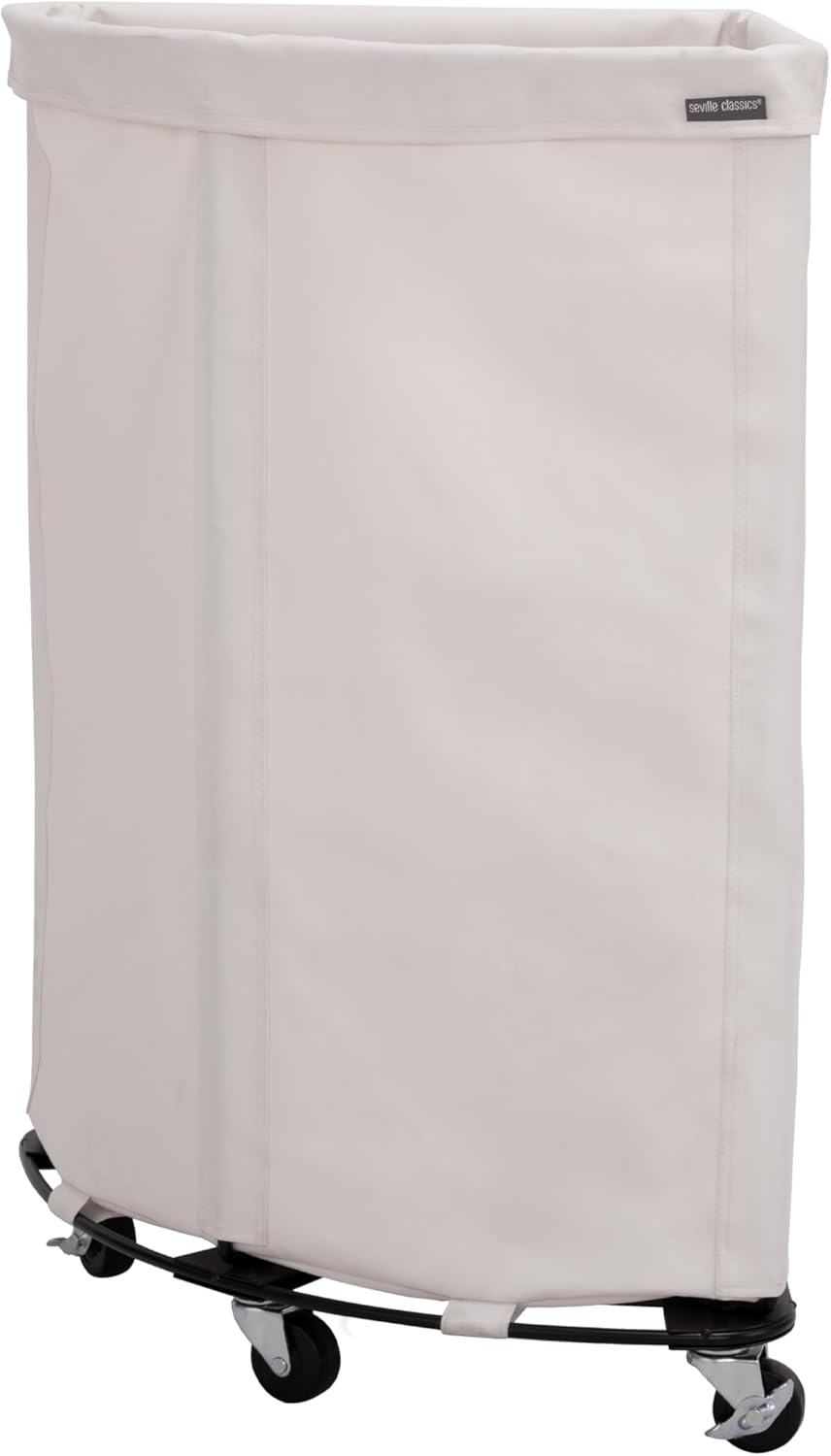 Seville Classics Large Commercial Heavy Duty Rolling Steel Frame Laundry Hamper Canvas Cart Bin, w/Wheels for Hotel, Home, Closet, Bedroom, Natural White, Corner 24