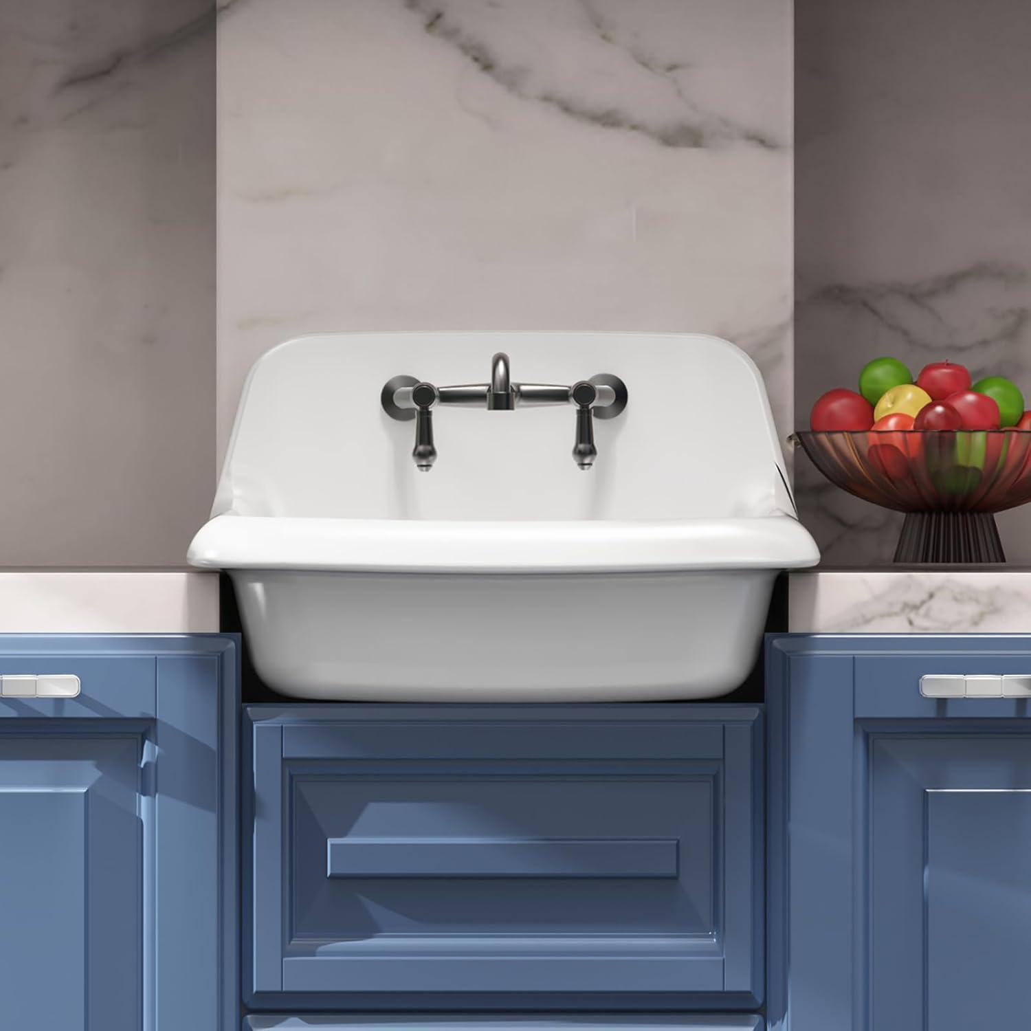 ELLAI Wall Mount Utility Sink Wall Mounted Laundry Tub Ceramic Farm Style High Back Farmhouse Sink for Laundry Room, Garage, Kitchen, Bathroom, White 24” x 17” x 15”