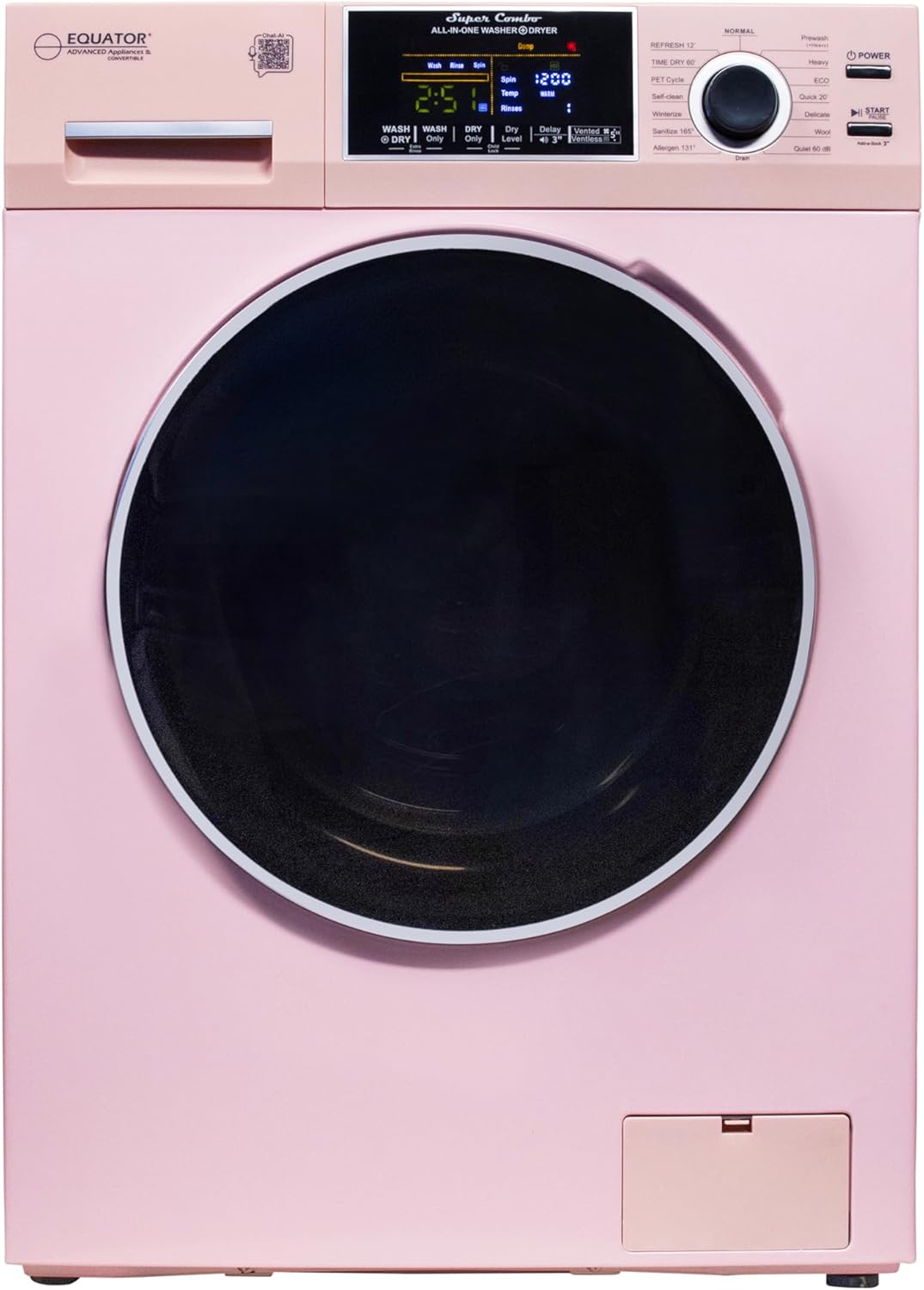 Equator All-in-One Washer Dryer VENTLESS/VENTED PET cycle 1.62cf/15lbs 110V in Pink
