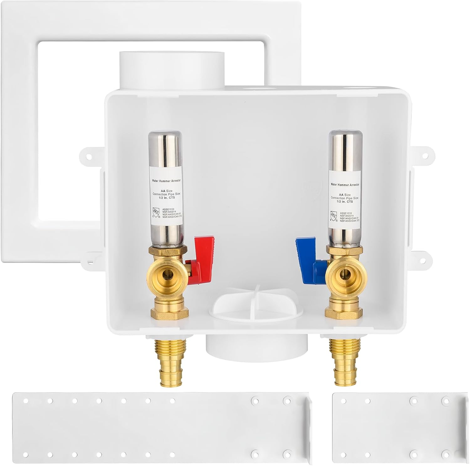 1-Pack HeSun Washing Machine Outlet Box,Pex A Expansion Washer Box with Drain, 1/2 Inch PEX-A Inlet x 3/4 Inch MHT Outlet,with Stainless Steel Arrestor,ASTM F1960,White(WM008)