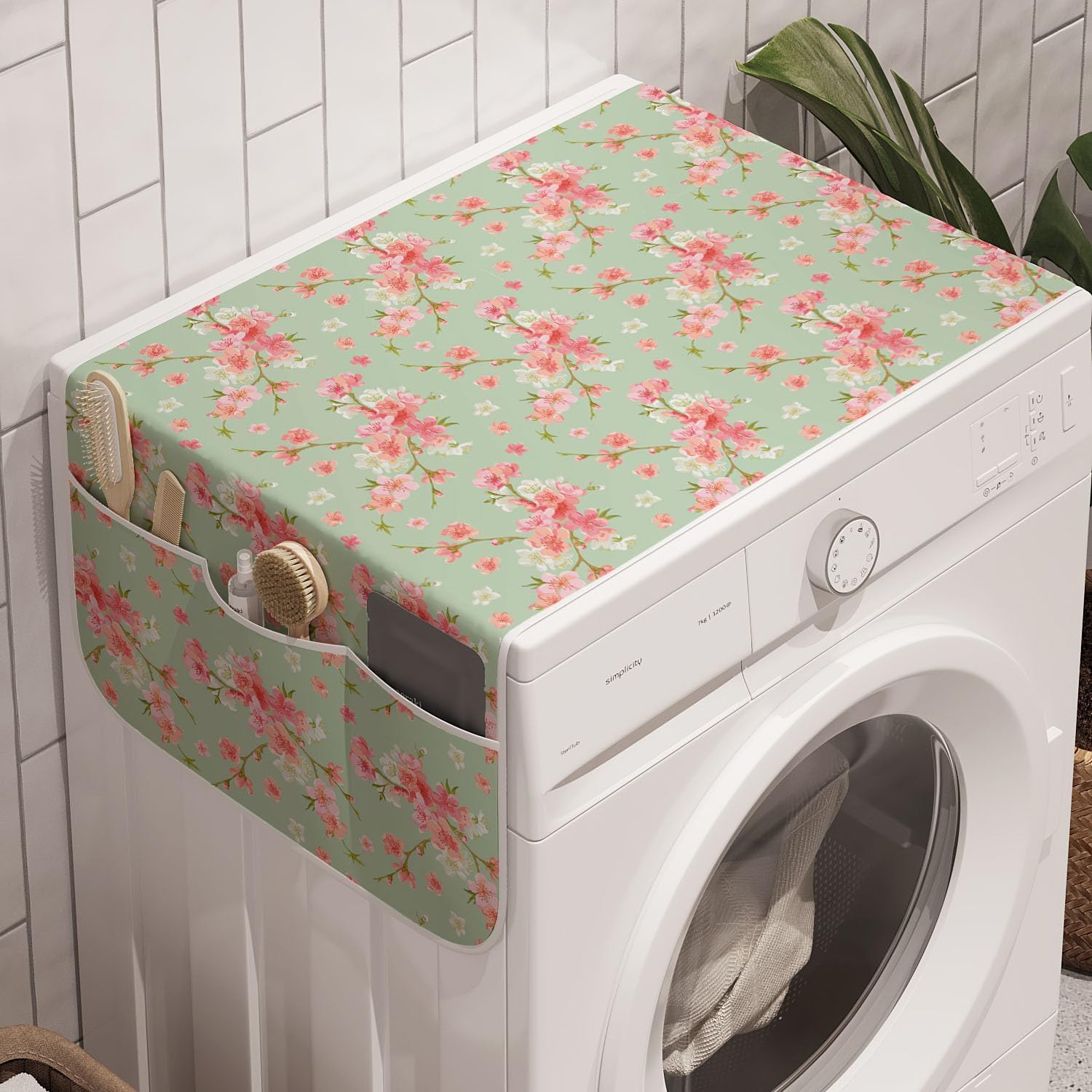 Ambesonne Shabby Flora Washing Machine Organizer Pack of 2, Retro Spring Blossom Flowers French Garden Florets Garland Artisan Image, Anti-Slip Cover for Washers Dryers, 47