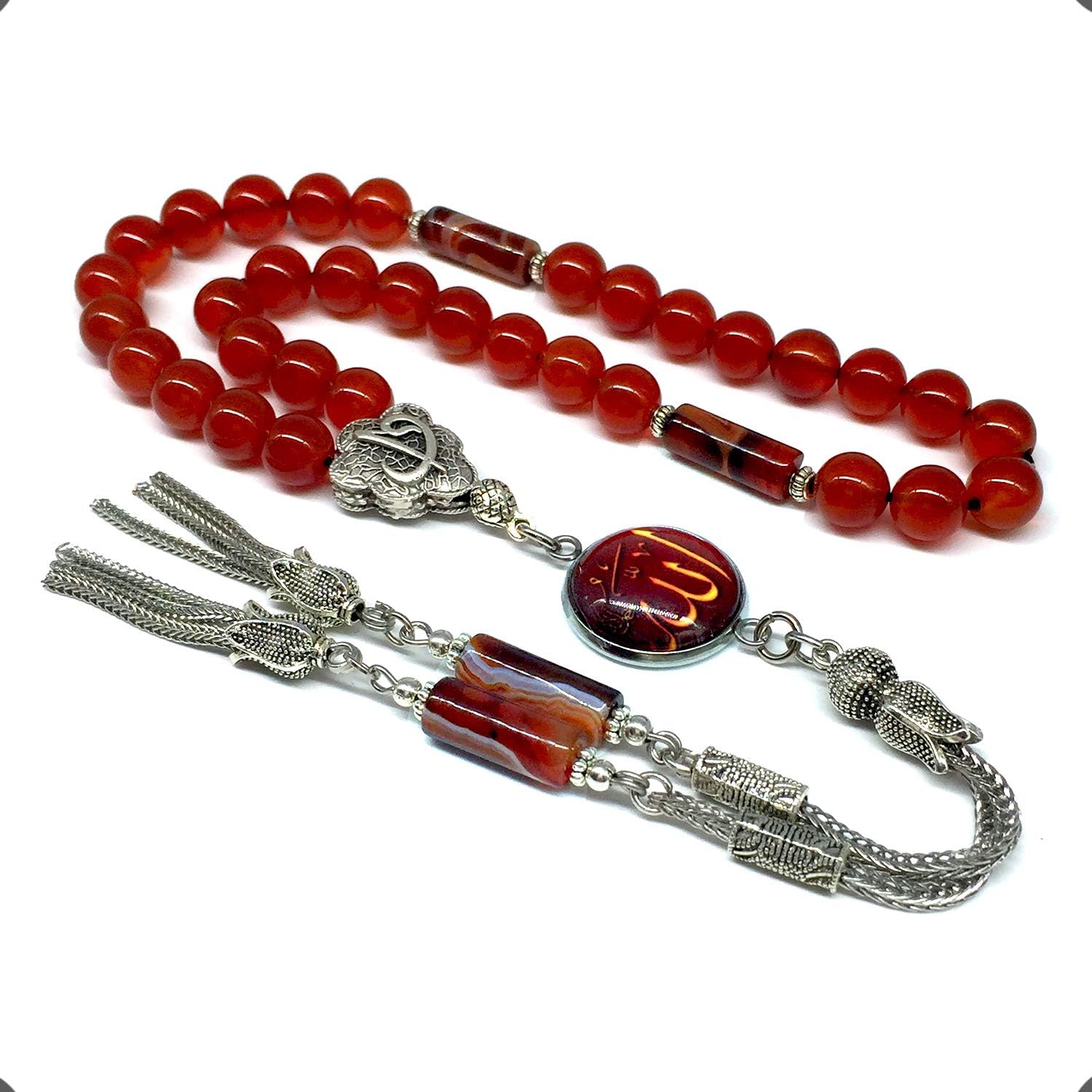 -ELEGANCE COLLECTION- Prayer Beads-Tesbih-Tasbih-Tasbeeh-Misbaha-Masbaha-Subha-Sebha-Sibha-Rosary (RED AGATE Stone (8mm -33 Beads))