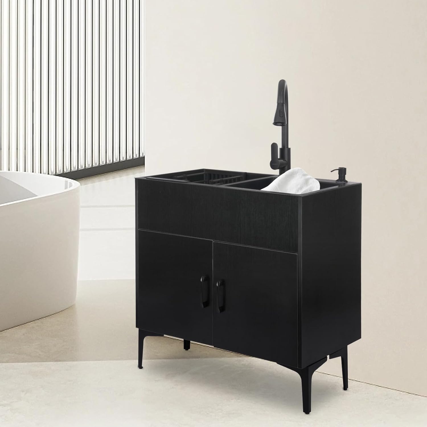 Laundry Utility Sink with Cabinet & Pull-Down Faucet Freestanding Stainless Steel Utility Sinks with 2 Doors Deluxe Bouble Kitchen Sink Wash Station Tub for Laundry & Kitchen, Bathroom(Black)