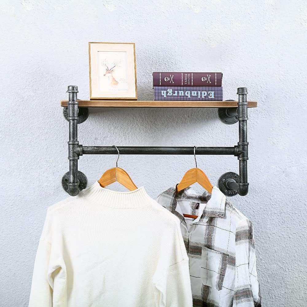 Industrial Pipe Clothing Rack Wall Mounted with Real Wood Shelf,Pipe Shelving Floating Shelves Wall Shelf,24in Retail Clothes Racks Display Rack