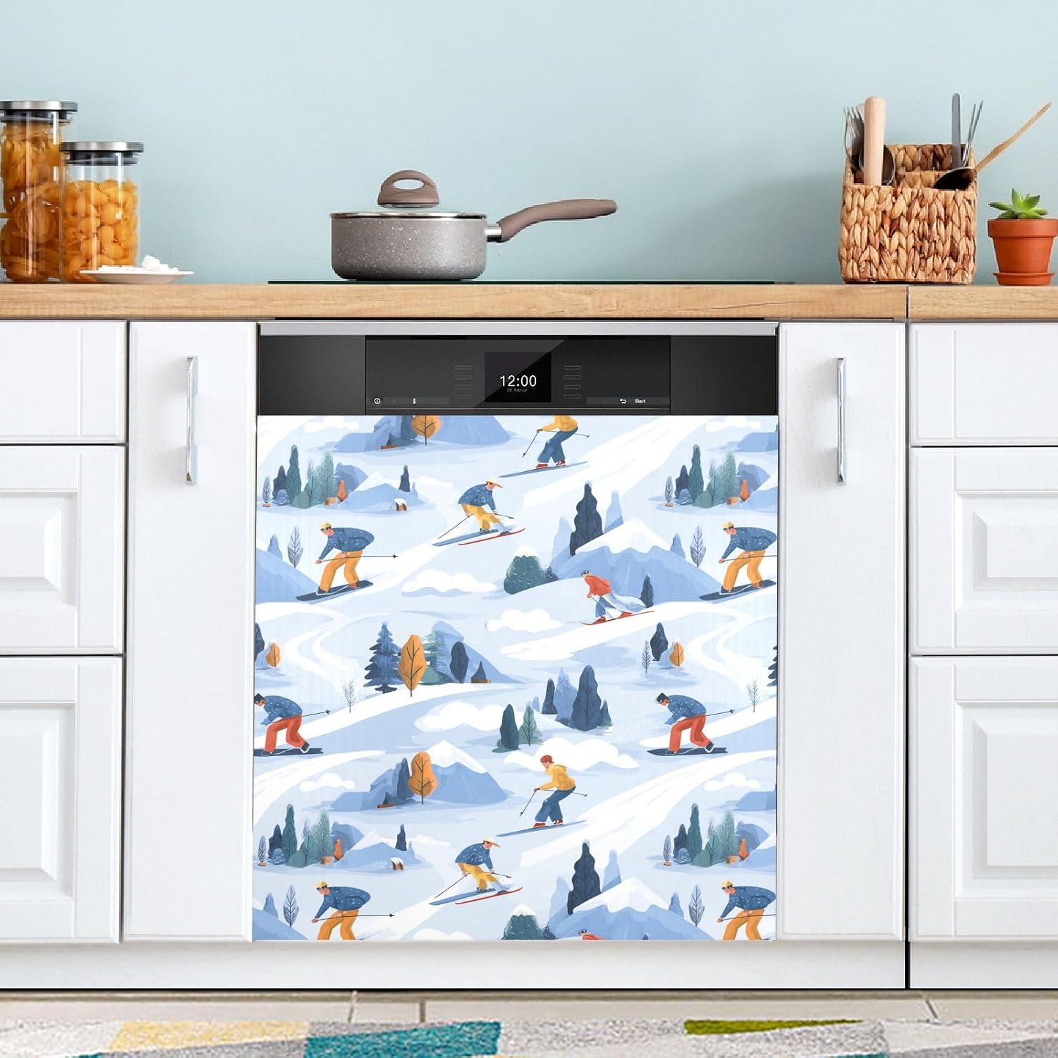 Pfrewn Christmas Winter Magnetic Dishwasher Cover Winter Sports Snowboarders and Skiers (2) Fridge Door Covers Kitchen Decal Vinyl Panel Decorative Refrigerator Laundry Appliances 23x26in
