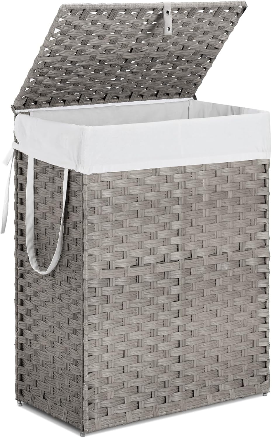 Elevon 90L Laundry Basket with Lid, Hand-Woven Pp Rattan Laundry Hamper with Compartments & Handles, Foldable, Large Capacity Clothes Basket with Removable Liner for Bathroom, Gray