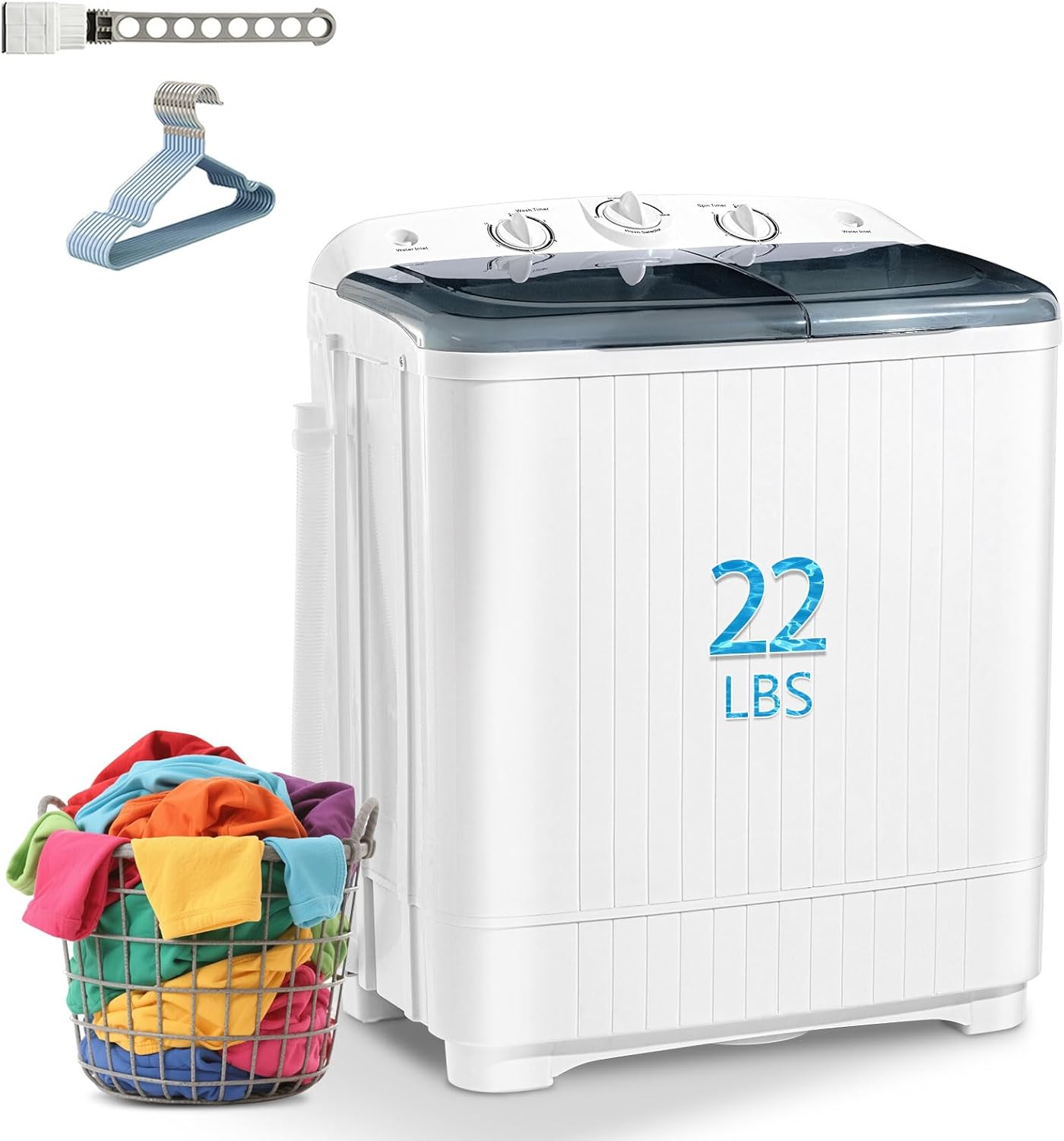 Portable Mini Twin Tub 22lbs Washing Machine With Drying Rack& 10 Hangers, 13lbs Washer & 9lbs Spinner, Small Laundry Washer with Time Control for Camping, Apartments, RV (22lbs)