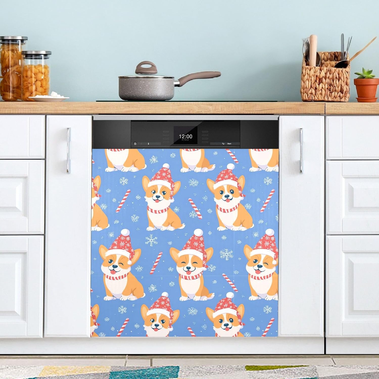 Pfrewn Christmas Winter Magnetic Dishwasher Cover Corgi Christmas Candy Cane Blue (5) Fridge Door Covers Kitchen Decal Vinyl Panel Decorative Refrigerator Laundry Appliances 23x26in