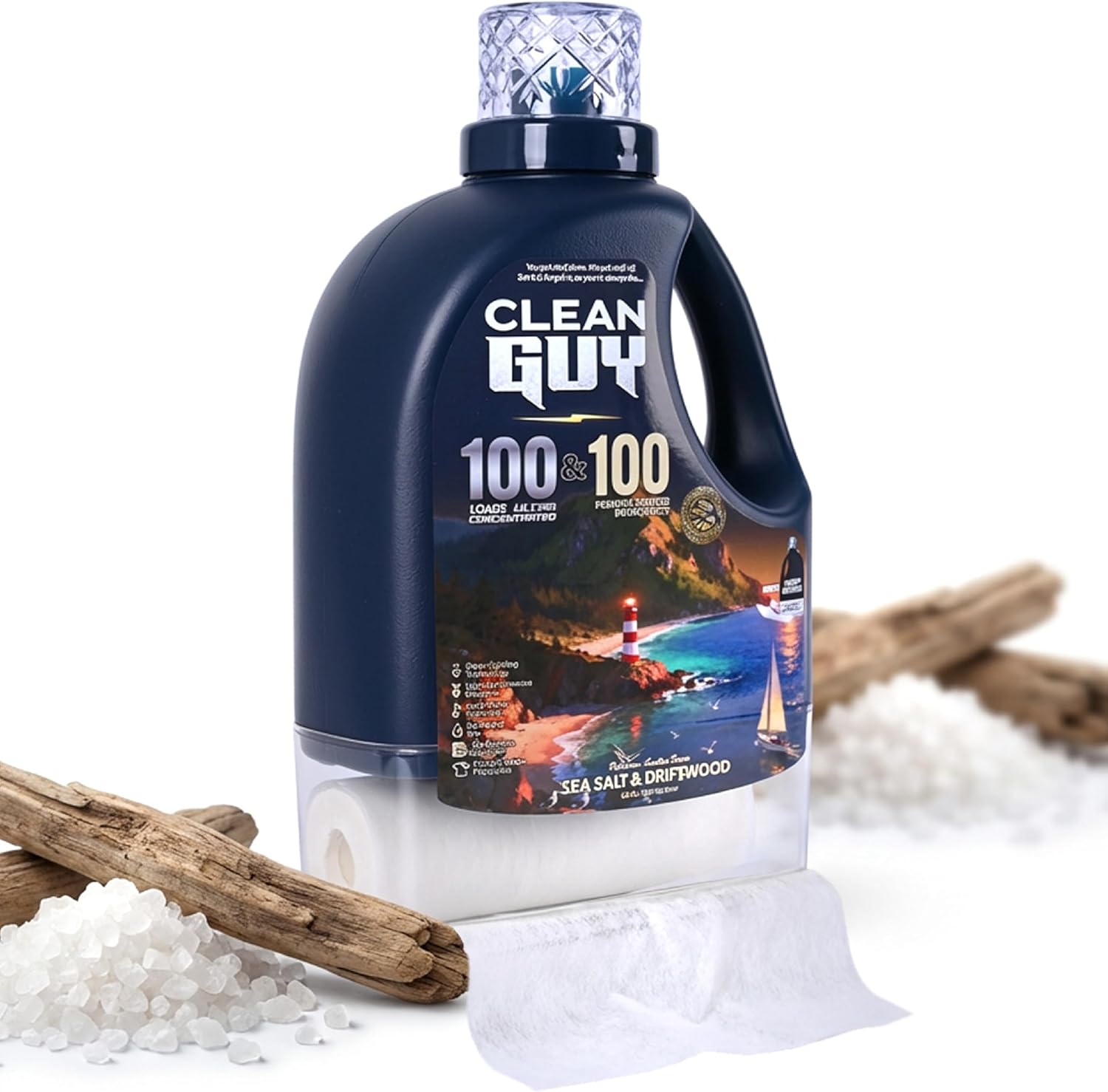 Clean Guy Laundry Detergent with Dryer Sheets | Ocean Fresh Scent, Deep Clean Formula, Softens & Freshens Clothes, Long-Lasting Freshness - Sea salt & Driftwood