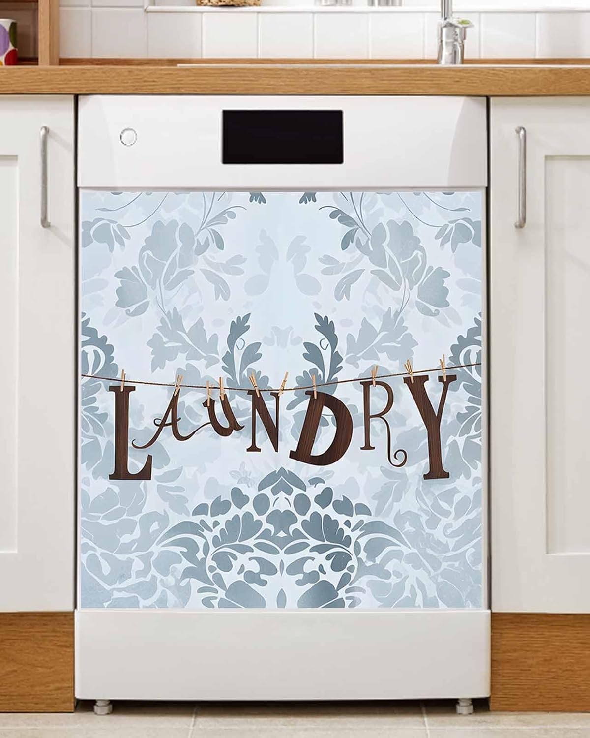 Dishwasher Magnetic Cover, Vintage Laundry Country Style Gray Flowers Magnet Dishwasher Door Cover Refrigerator Decal Panel Kitchen Appliances Decor Stickers, Easy Clean, 23