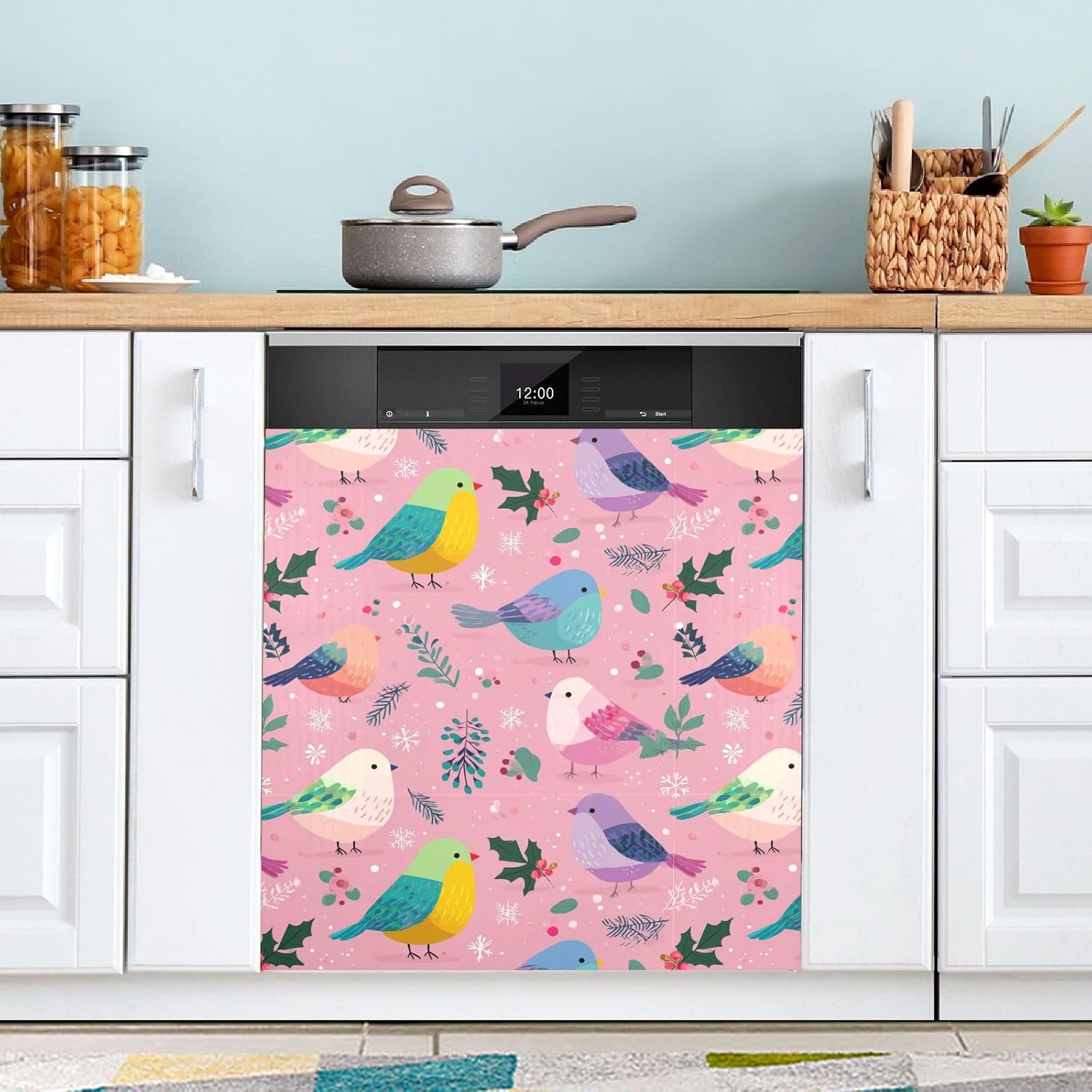 Pfrewn Christmas Winter Magnetic Dishwasher Cover Cute Colorful Birds Holly Pink Fridge Door Covers Kitchen Decal Vinyl Panel Decorative Refrigerator Laundry Appliances 23x26in