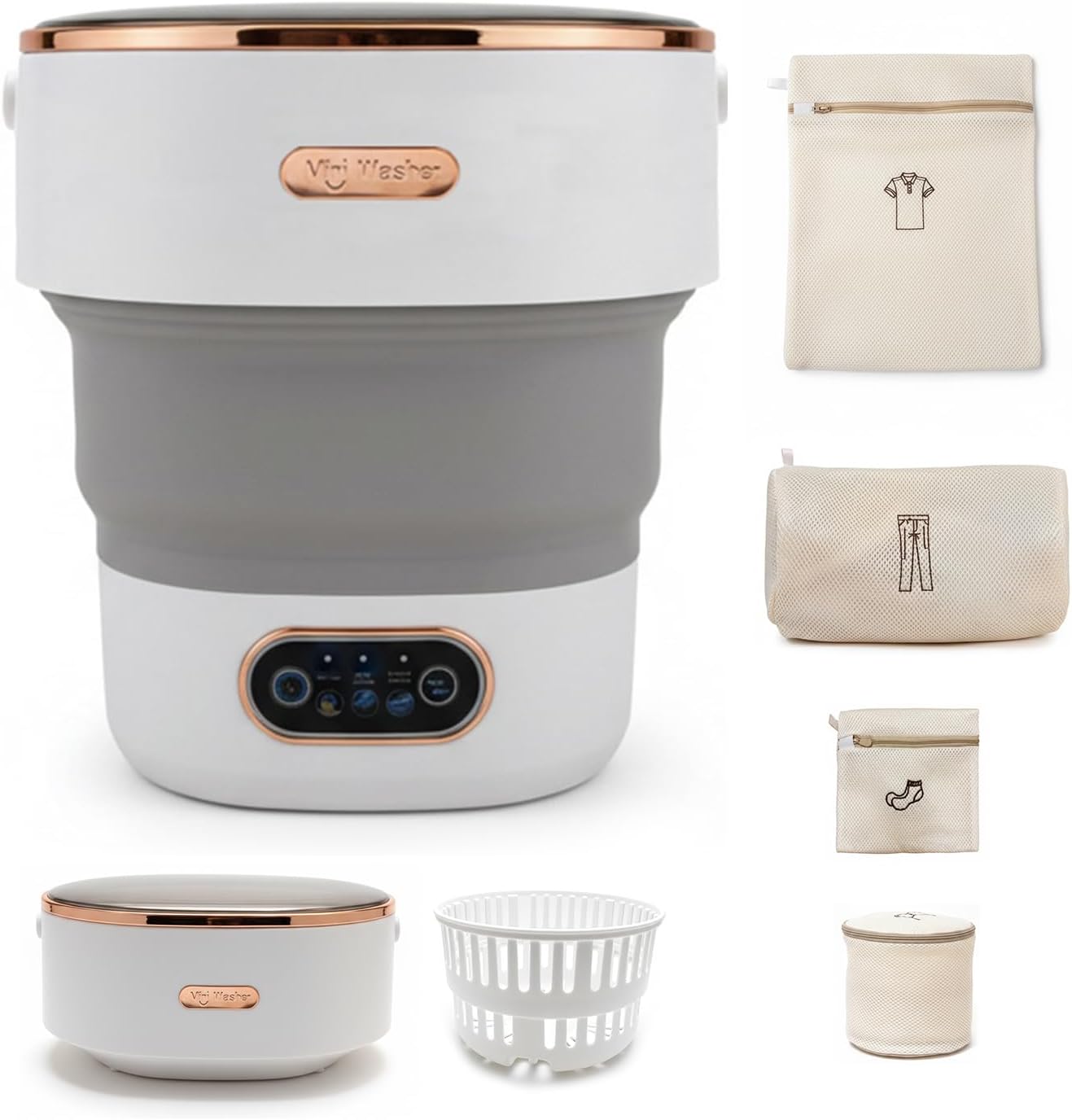 Portable Foldable Washing Machine, 13L Mini Washer with Spin Basket | For Underwear, Socks, Baby Clothes | Ideal for Apartments, Dorm, Travel | Gray