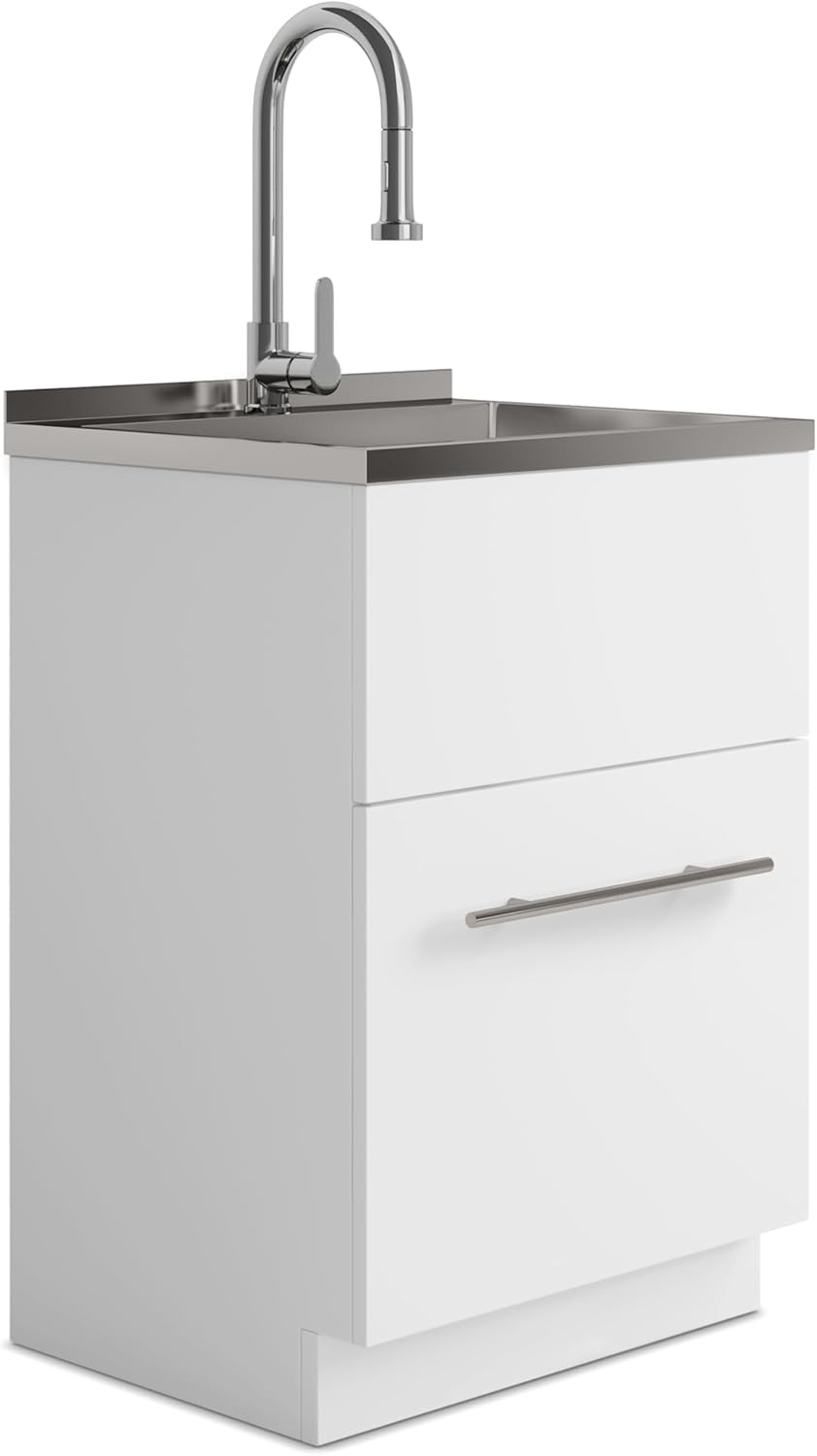 SIMPLIHOME Metro All-in-One 24 inch Wide Utility Sink and Laundry Cabinet in Pure White Finish, Transitional Stainless Steel Sink Cabinet for Laundry Rooms or Garage with High-Arch Chrome Faucet