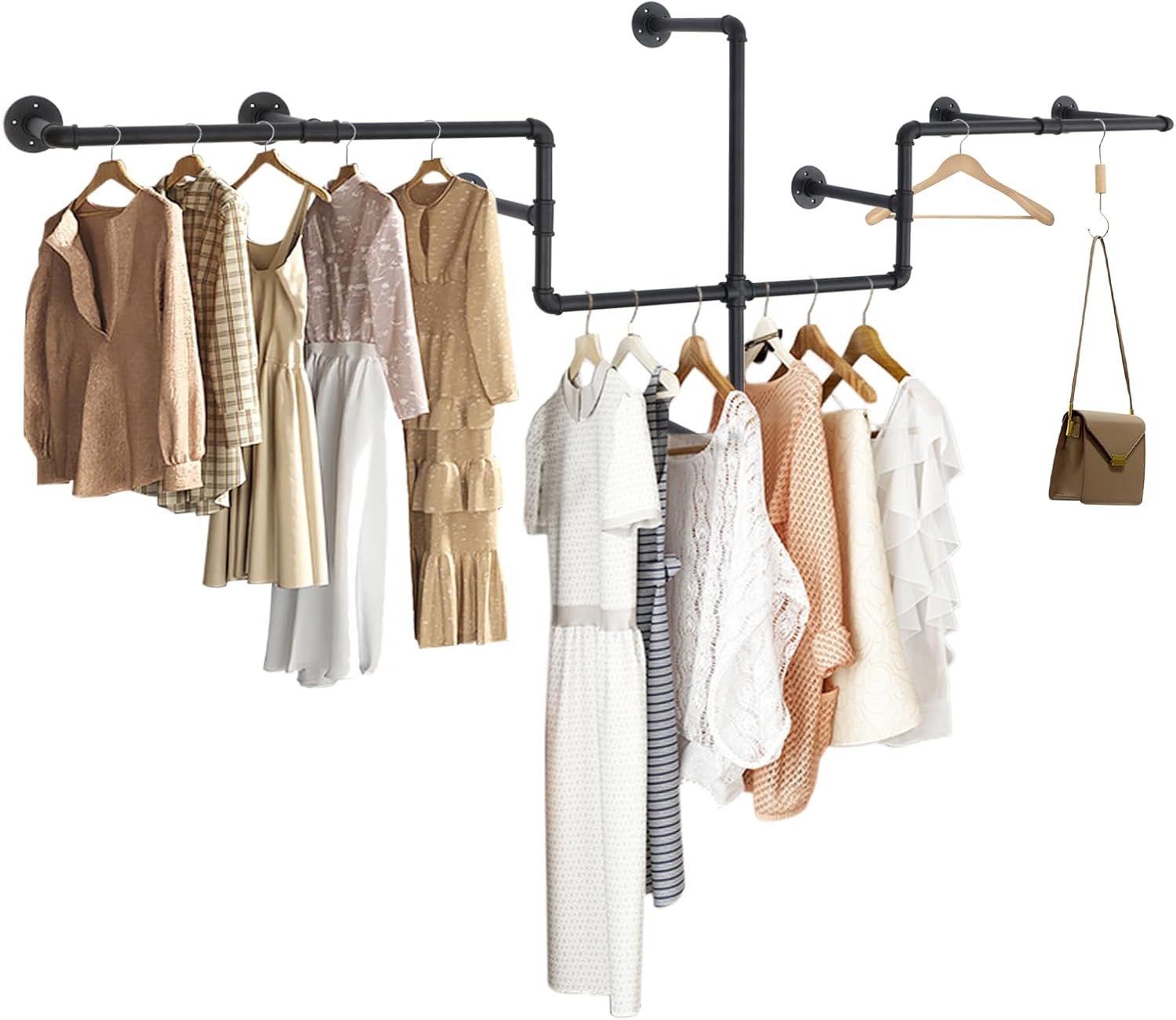 Industrial Pipe Clothes Rack Wall Mounted, 85.83 inches Heavy Duty Iron Pipe Clothing Garment Rail, Multi-Purpose Clothing Hanging Rod for Laundry Room and Closet Storage