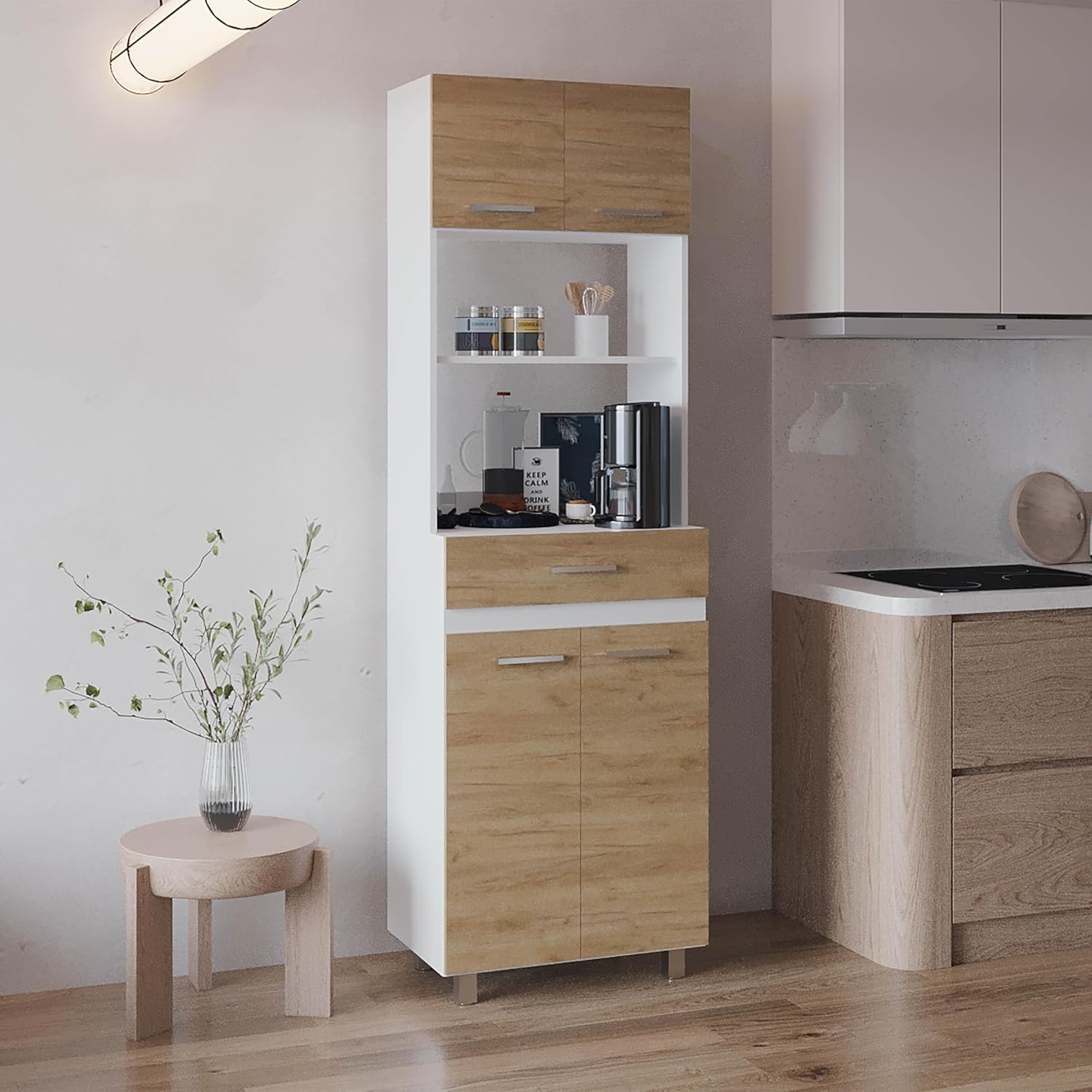 espidoo Sicilia Pantry Cabinet Kitchen Storage: Modern Dual-Door Freestanding Unit with MDF Frame & White/European Ash Finish - Organize Food Dishes & Appliances for Compact Kitchens & Laundry Rooms