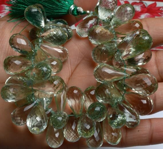 BEADS GEMSTONE 1 Strand Natural Brazilian Prasiolite Faceted Teardrop Shape Briolettes 8x14 to 9x16MM 7 Inch Code-HIGH-5320