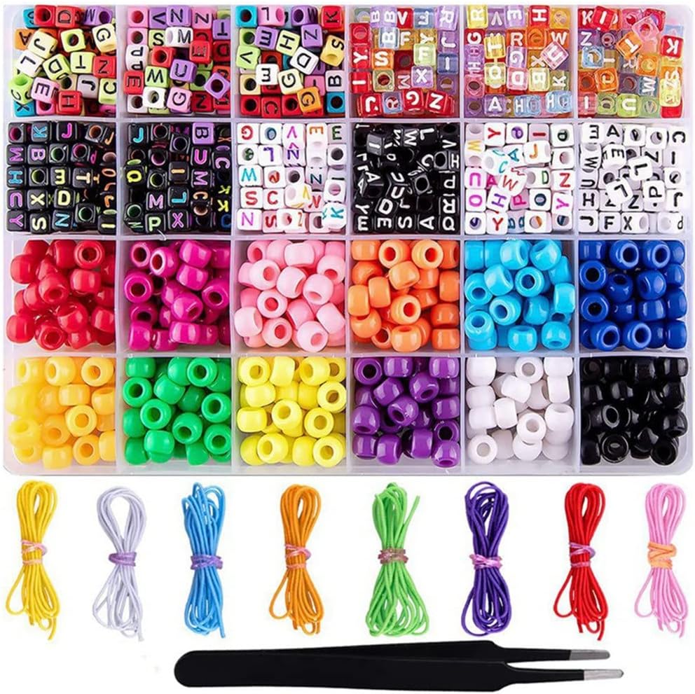 1000Pcs/Box Acrylic Letter Bead Barrel Bead Accessories 8 Color Elastic Line DIY Bracelet Material