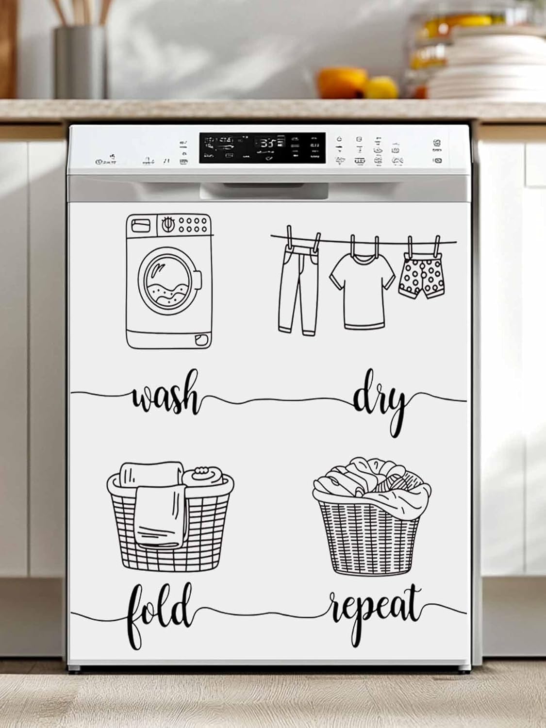 Laundry Room Dishwasher Magnet Cover, Cartoon Wash Dry Fold Repeat Simple Lines Art Refrigerator Magnets Covers for The Front Door, Dishwasher Panel Fridge Cover for Home Appliance Decor 23''x26''