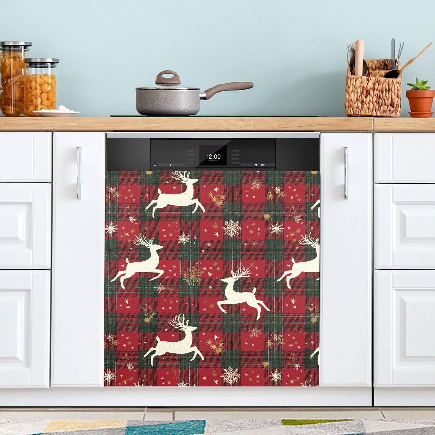 Pfrewn Christmas Winter Magnetic Dishwasher Cover Christmas White Reindeer Plaid Fridge Door Covers Kitchen Decal Vinyl Panel Decorative Refrigerator Laundry Appliances 23x26in
