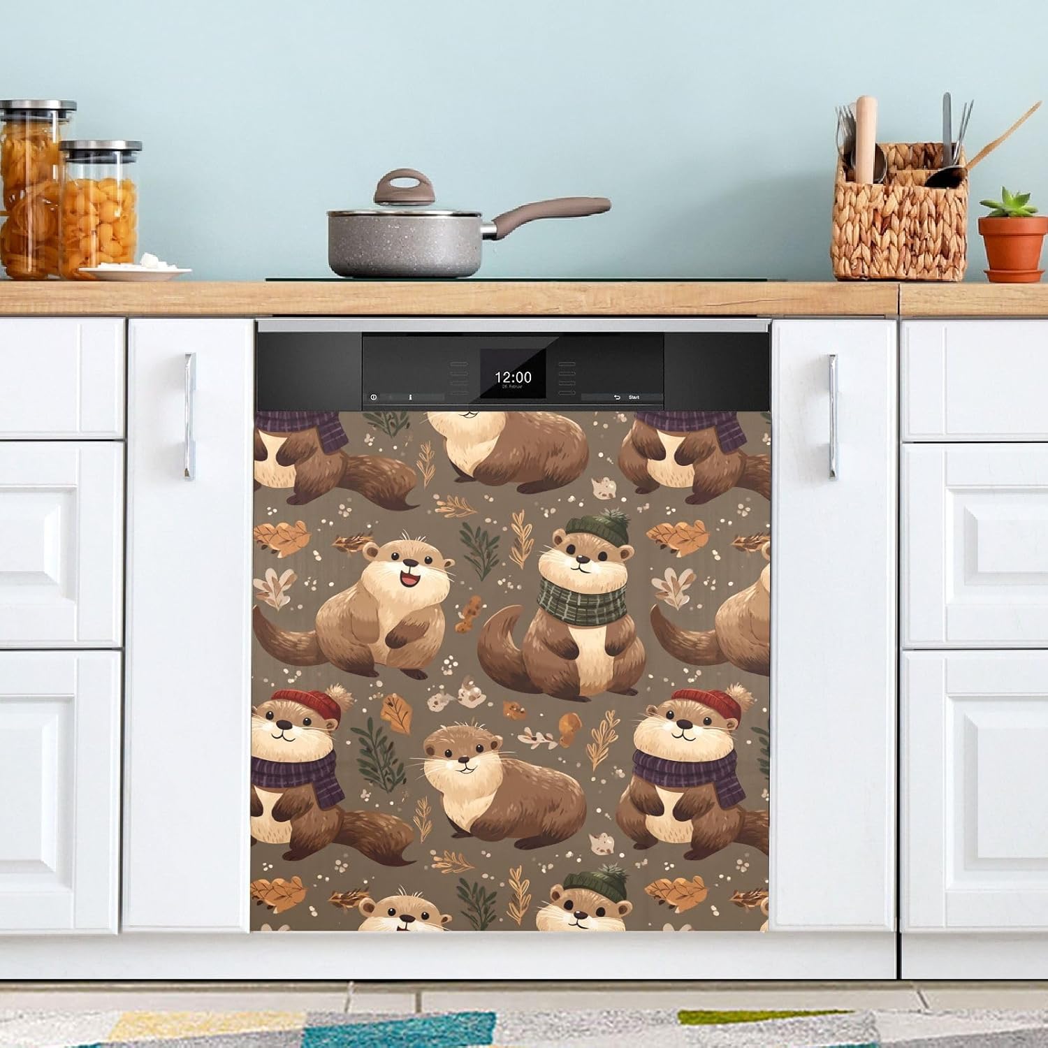 Pfrewn Christmas Winter Magnetic Dishwasher Cover Xmas Christmas Cute Otters (1) Fridge Door Covers Kitchen Decal Vinyl Panel Decorative Refrigerator Laundry Appliances 23x26in