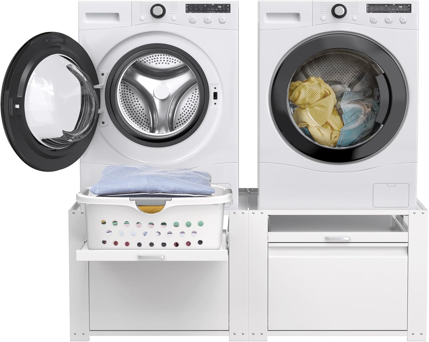 Washer and Dryer Pedestals, Laundry Pedestal Universal Fit Washing Machine Stand with Drawer Storage and Lundry Basket Shelf, 800LBS Capacity,White