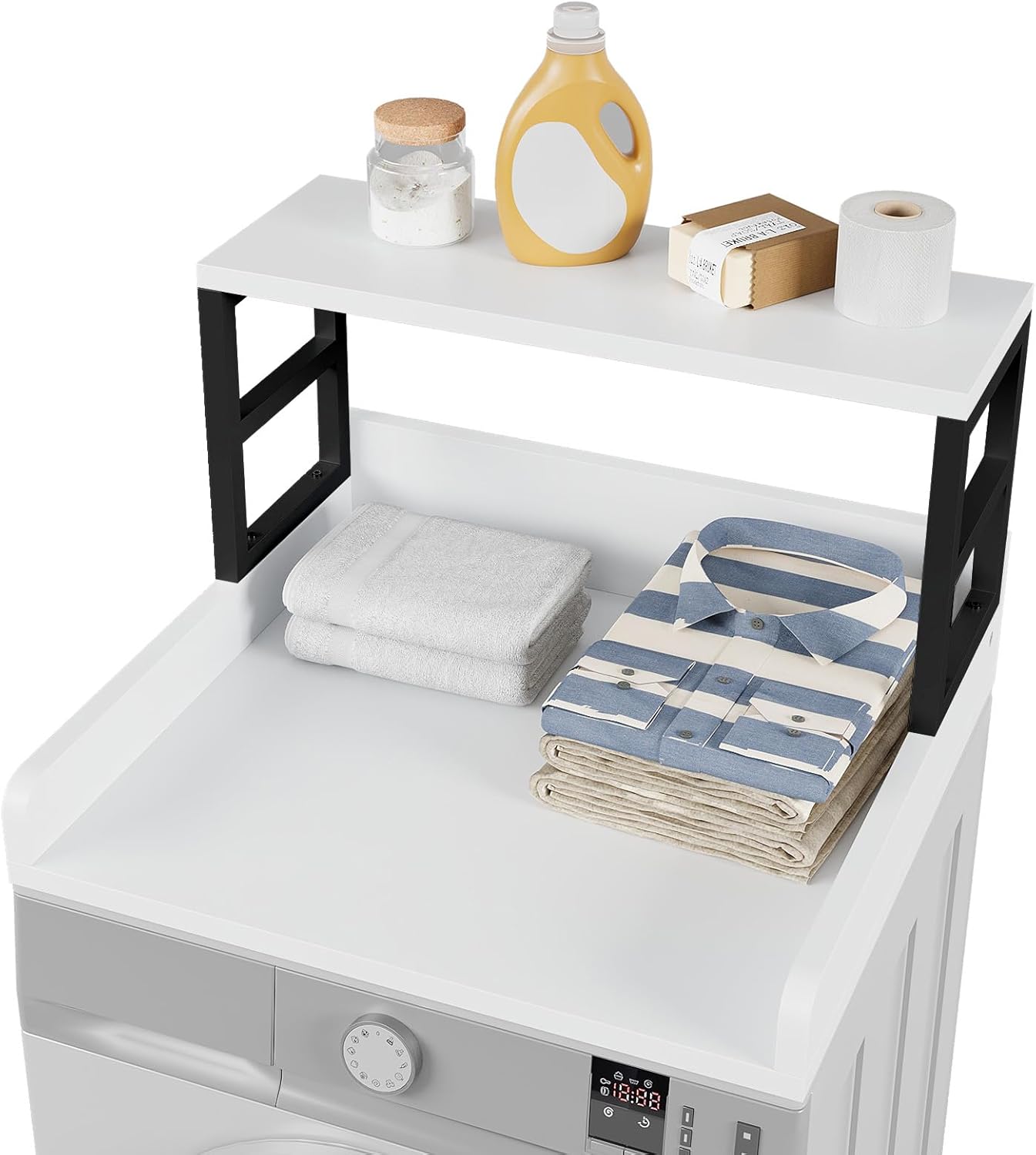 Washer Dryer Countertop with Shelf, 27.5″D x 27.5″W x 16.7″H, Countertop for Washer and Dryer Top with Non-Slip Pads and Edge Rails, Laundry Room Storage and Organization(White)
