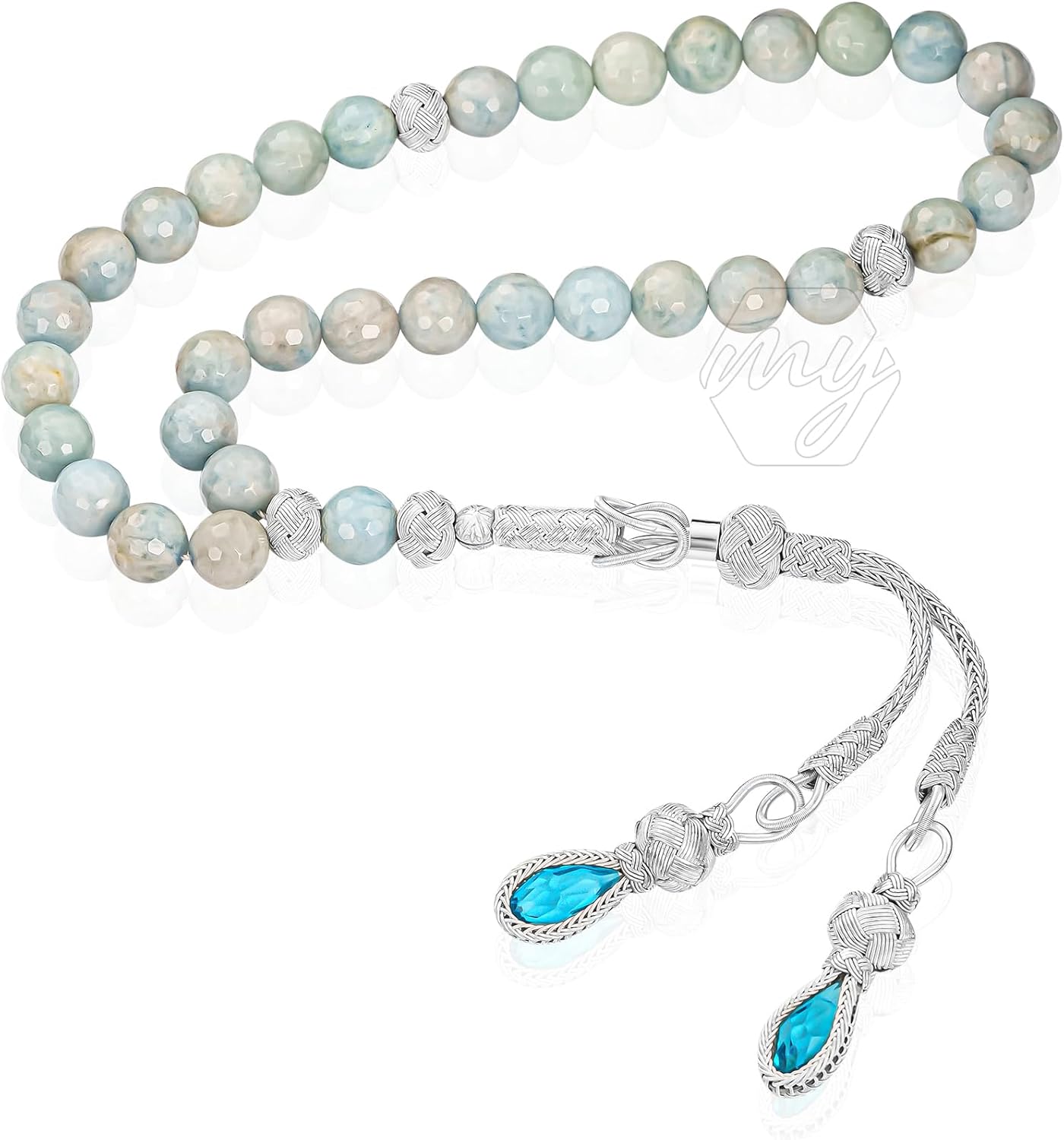 1000 Ct Silver Turkish Kazaz Aquamarine Stone Islamic 33 Prayer Beads Tasbeeh