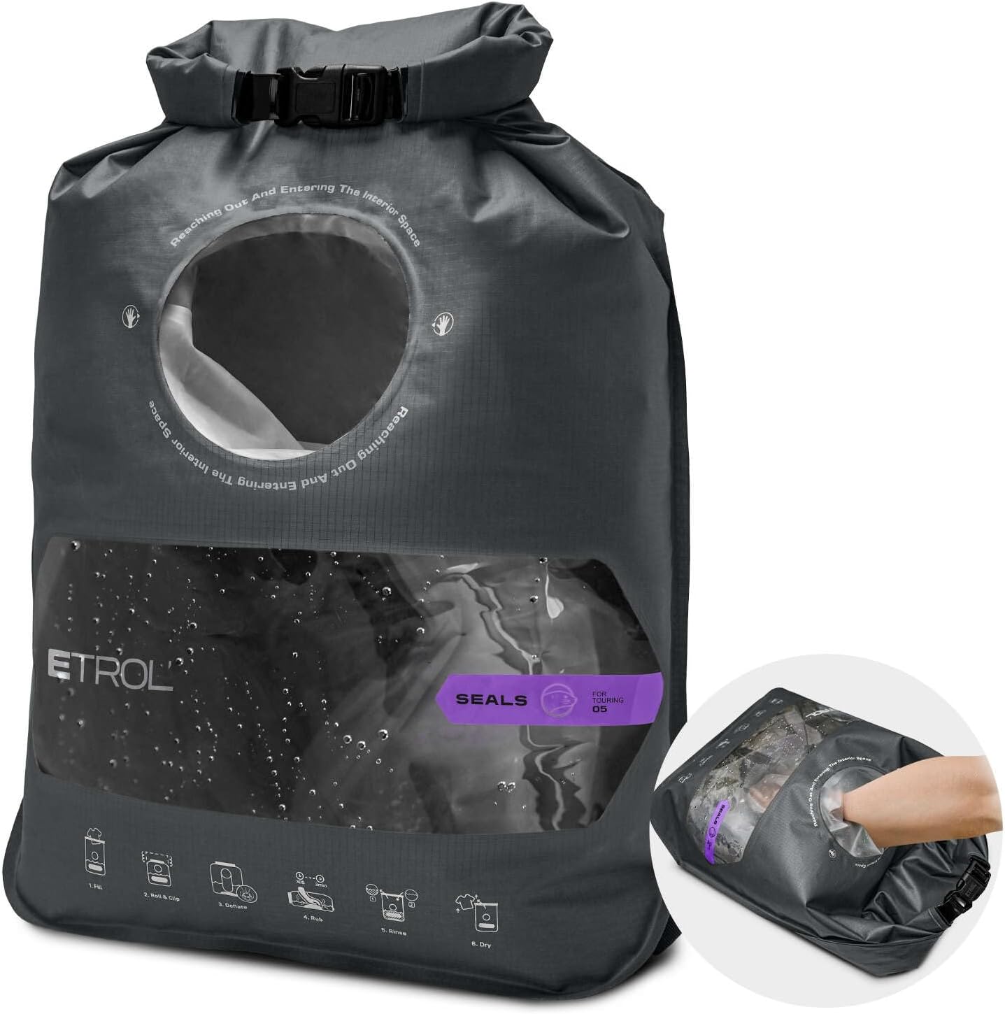 ETROL Wash Bag Portable Washing Machine, Lightweight Manual Washing Machine for Travel, Camping, Laundry, Baby Clothes, Non-Electric, With Bottom Water Outlet and Compartment-Gray
