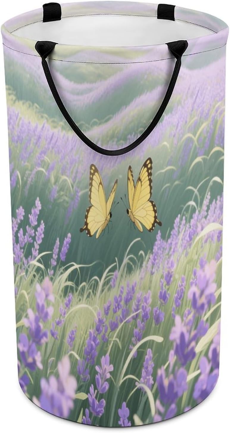 86L Large Laundry Hamper Yellow Butterfly Patterned Dirty Laundry Hamper Foldable Laundry Bag with Handle Suitable for Bedroom Living Room And Bathroom Washing Machine