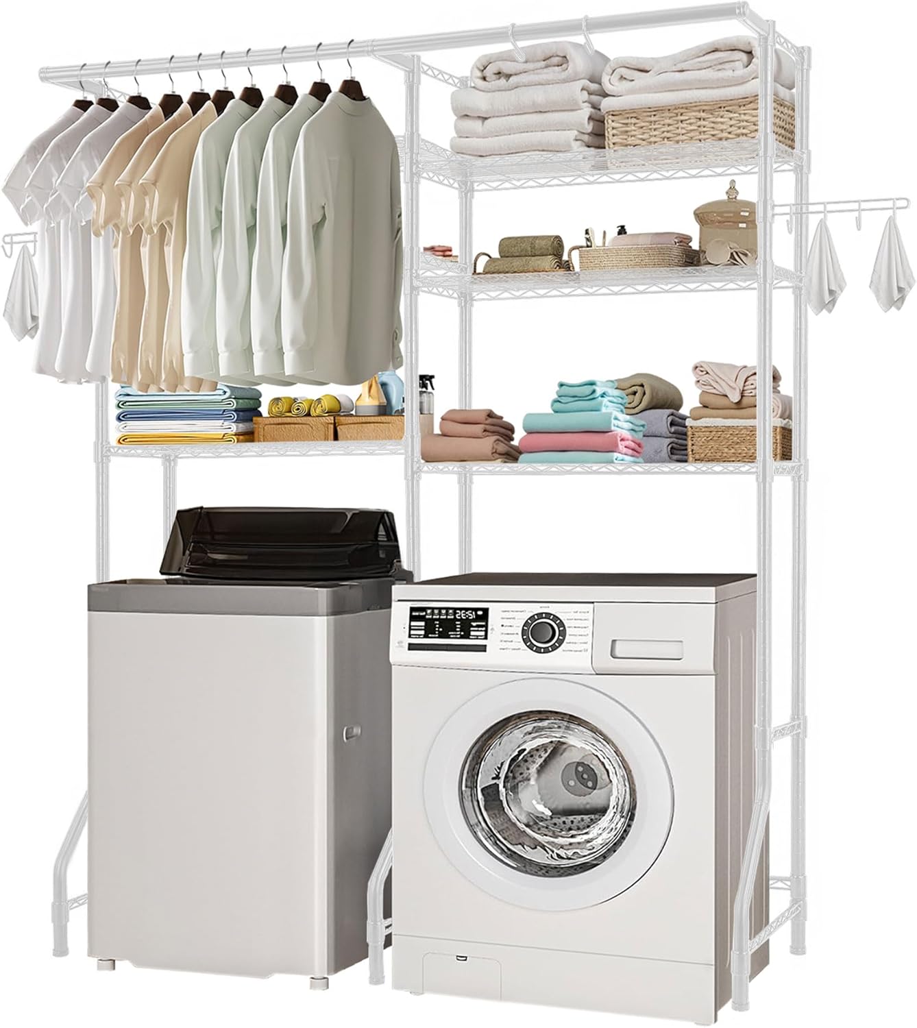 VEVOR Over The Washer and Dryer Storage Shelf, 6 Tier Laundry Room Drying Rack with Hanger Rod and Hooks, Adjustable Over Washer and Dryer Shelves, Laundry Room Shelf Storage Space Saver, White