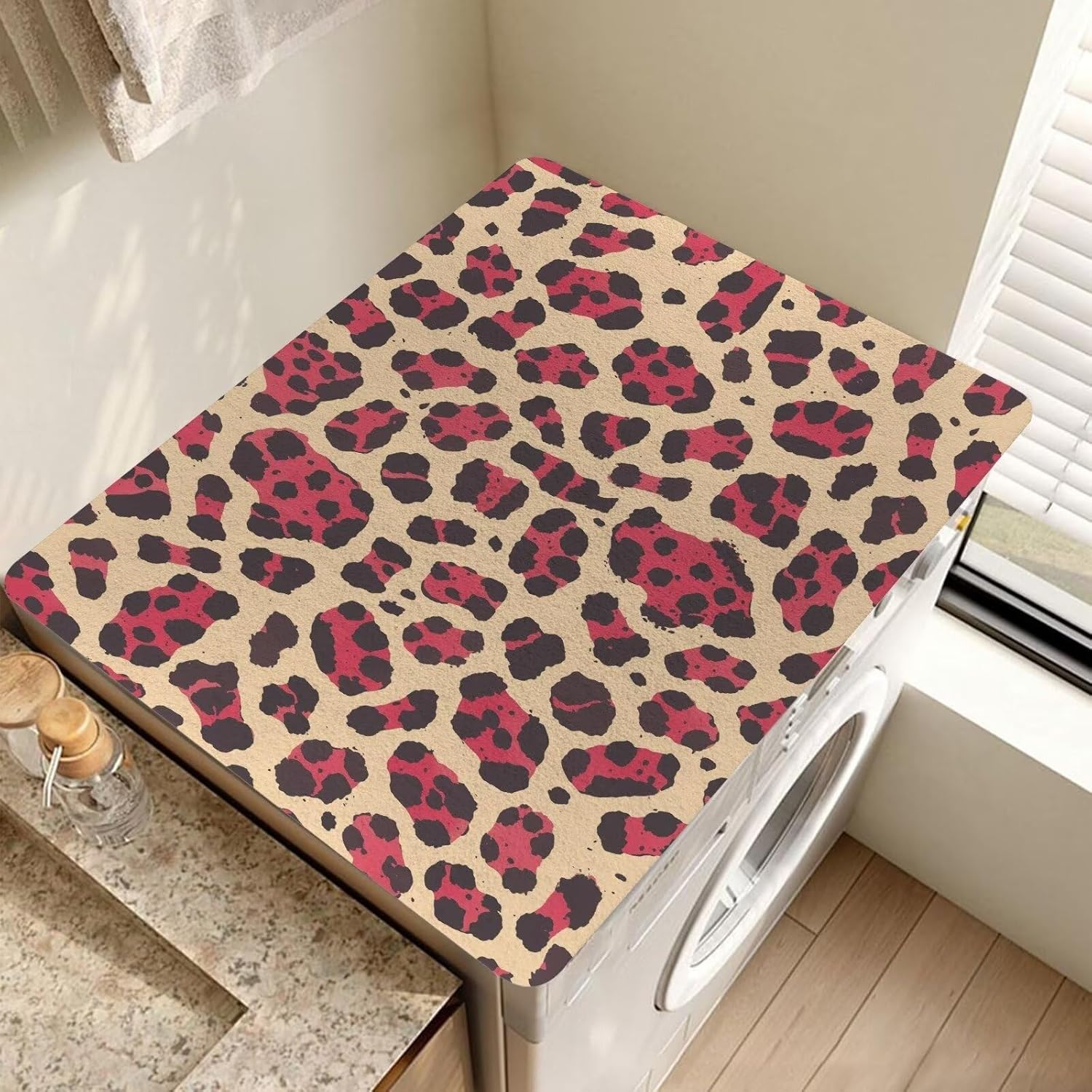 Yorontervo Pink Leopard Washing Machine Cover for Home Laundry Kitchen Non-slip Rubber Washer Dryer Top Mat Easy to Clean Small Appliances Top Protector Mat