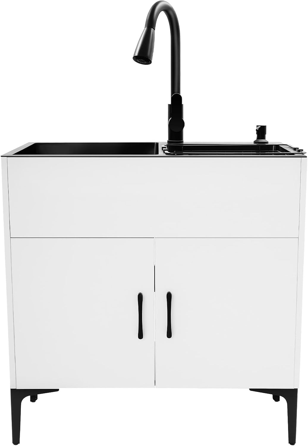 30-Inch Laundry Sink with Cabinet and Pull-Out Faucet, Stainless Steel Utility Sink with Cabinets, Freestanding White Cabinet with Sink for Laundry & Utility Room, Kitchen, Bathroom