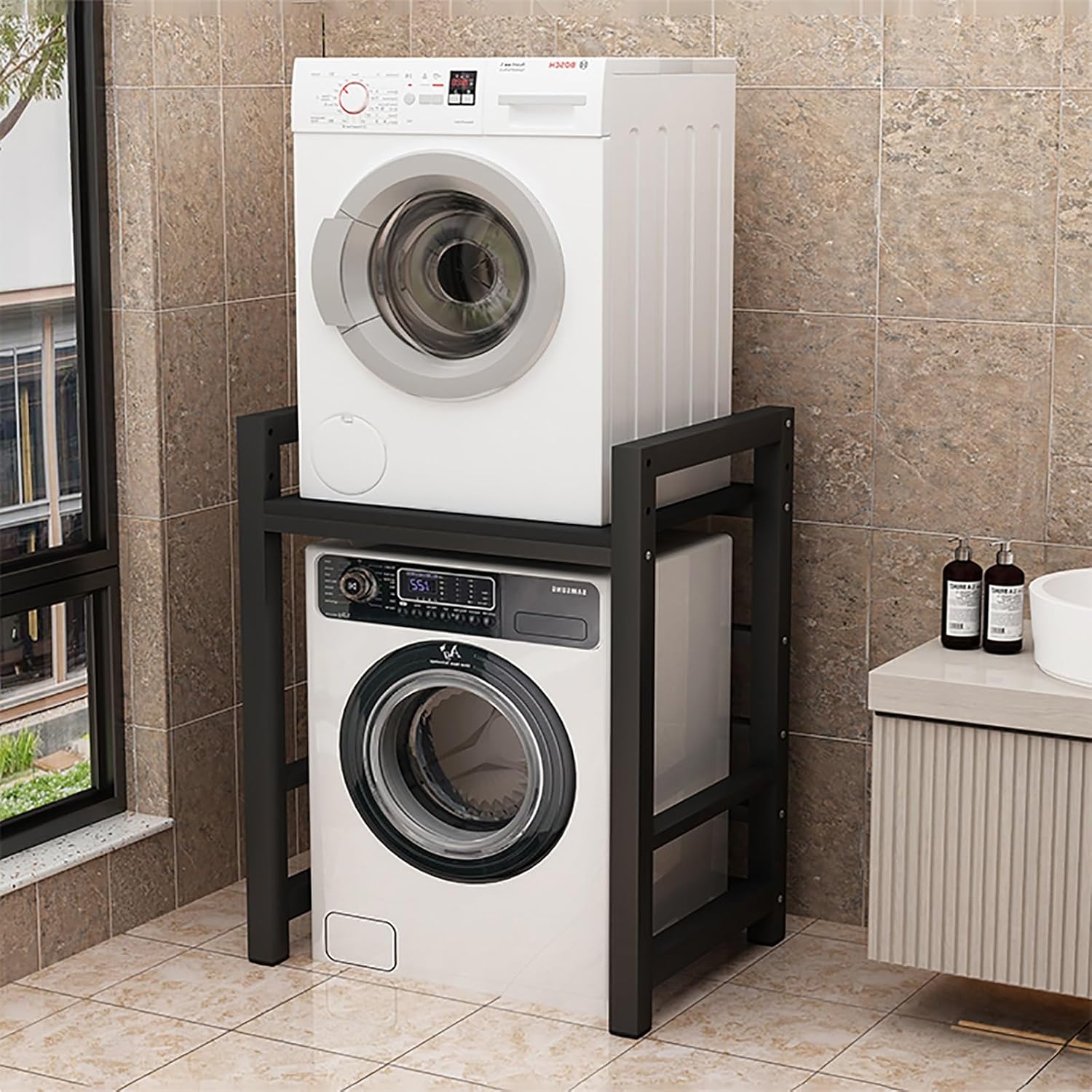 Dryer Stand Height Adjustable Portable Stacking Kit for Washing Machine Tumble Dryer Storage Rack Over Washing Machine Storage Unit Washing Machine Shelf Thickened Wave Wheel Washing Machine Top(Black