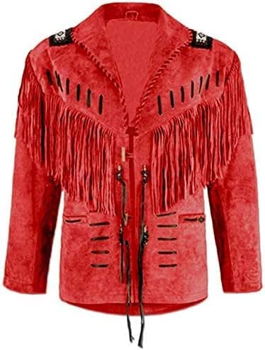 Mens Traditional Western Cowboy Suede Leather Jacket | Classic Native American jacket Coat with Beaded Fringed