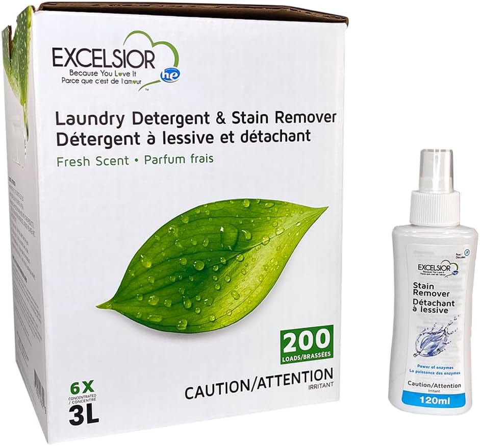 Excelsior Laundry Detergent with Stain Remover - Concentrated Liquid - Fresh Scent - Eco-Friendly, Biodegradable, Solvent, and Phosphate Free - for Standard and High-Efficiency Washers - 3 Liter Box…